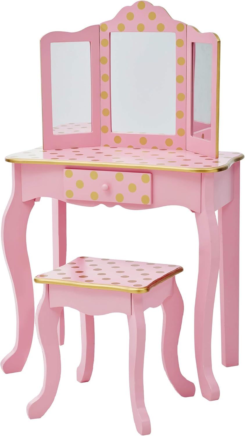 Pink and Gold Polka Dot Kids Vanity Set with Bench