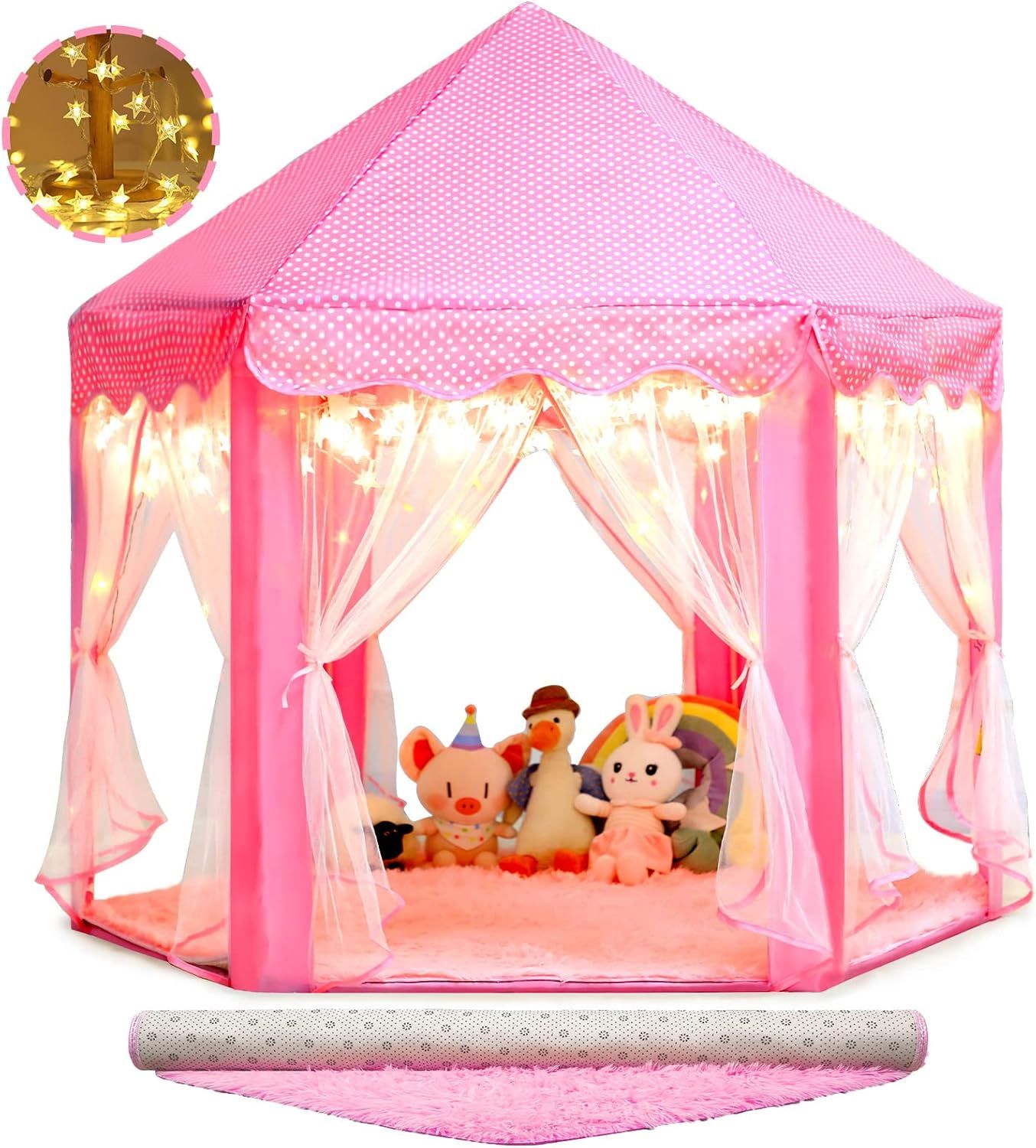 Pink Hexagon Princess Castle Tent with Fairy Star Lights