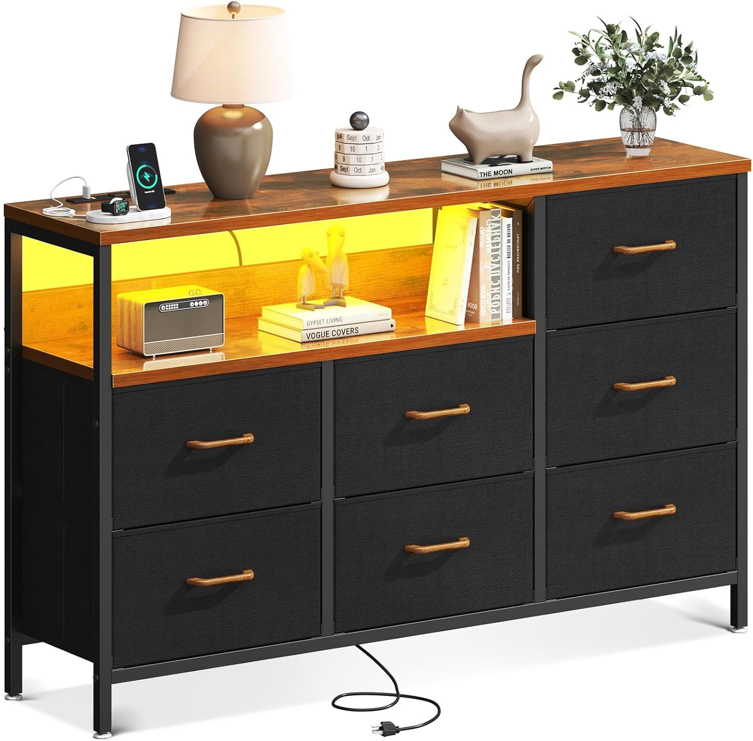 52-Inch Black and Brown Alloy Steel Dresser with LED Lights and Charging Station