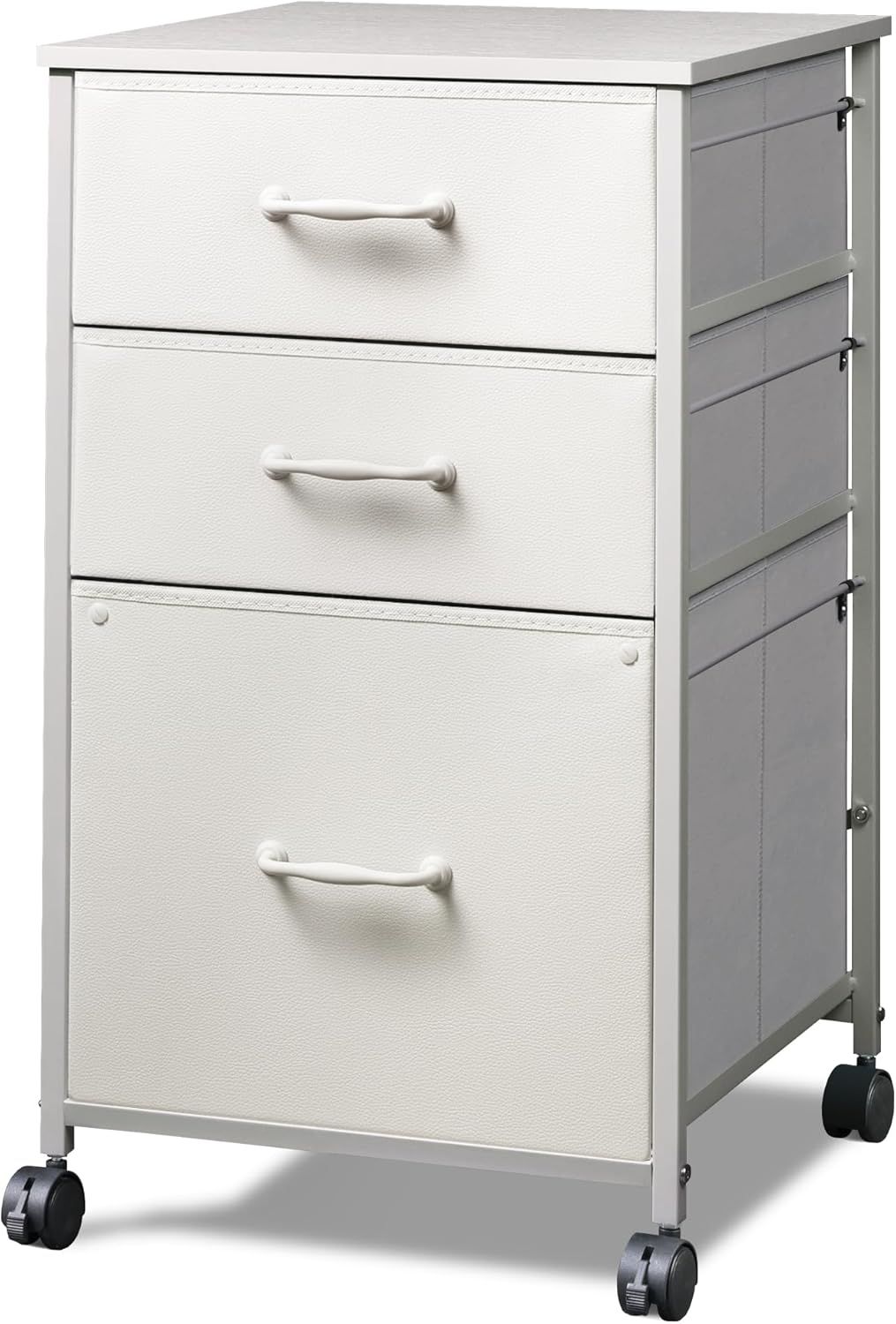 White Fabric and Steel Mobile File Cabinet with 3 Drawers