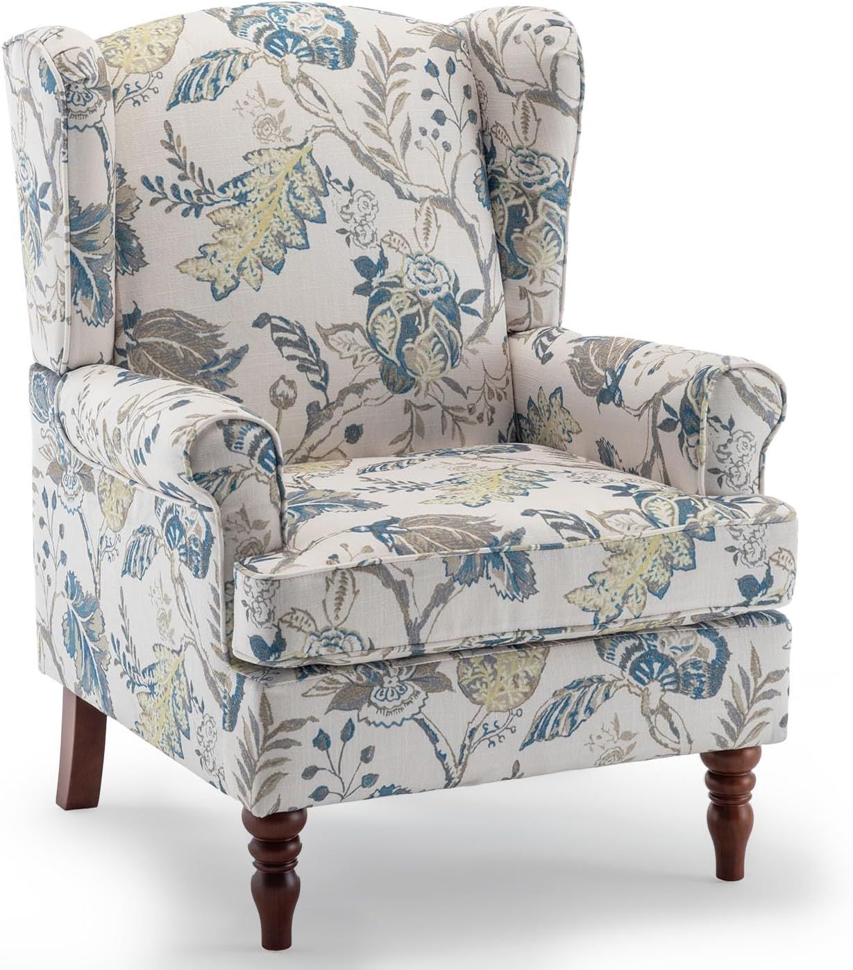 Blue Floral Upholstered Barrel Accent Chair with Wood Legs