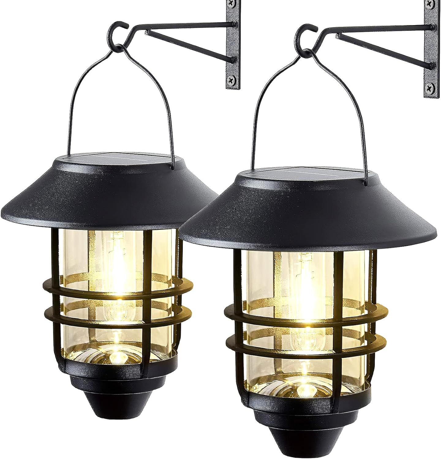 Black Metal and Glass Solar Lanterns with LED Lights, Set of 2