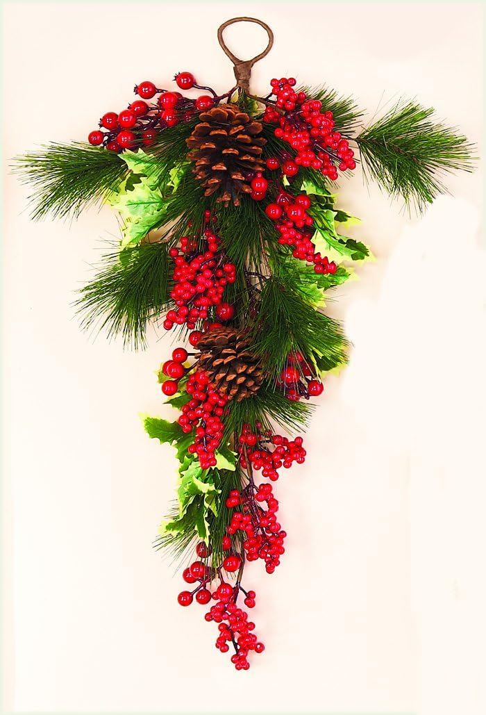 28" Waterproof Artificial Holly Pine Berry Christmas Teardrop Swag