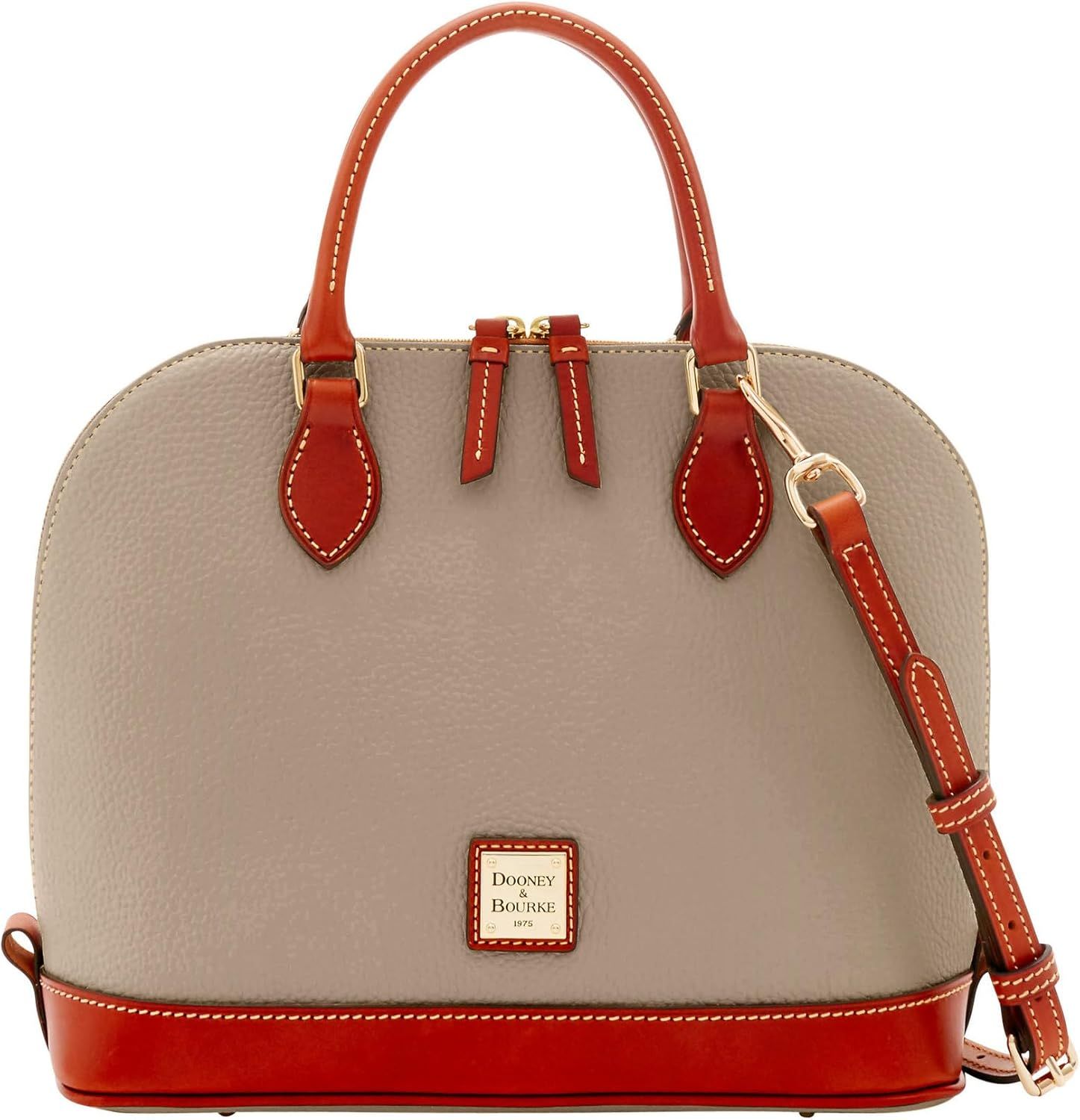 Taupe Genuine Leather Dome Satchel with Adjustable Strap