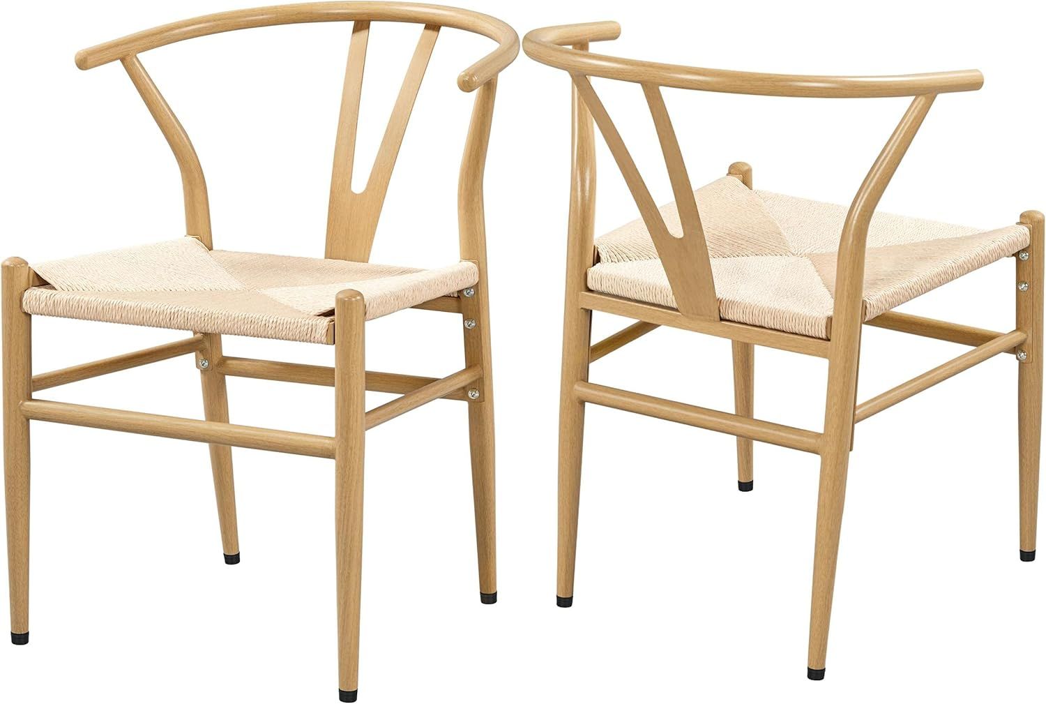 Natural Wood and Rattan Wishbone Arm Chair Set