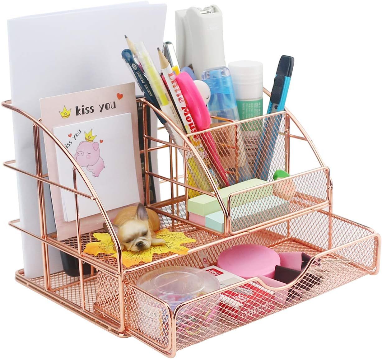 Rose Gold Mesh Desk Organizer with 6 Compartments and Drawer