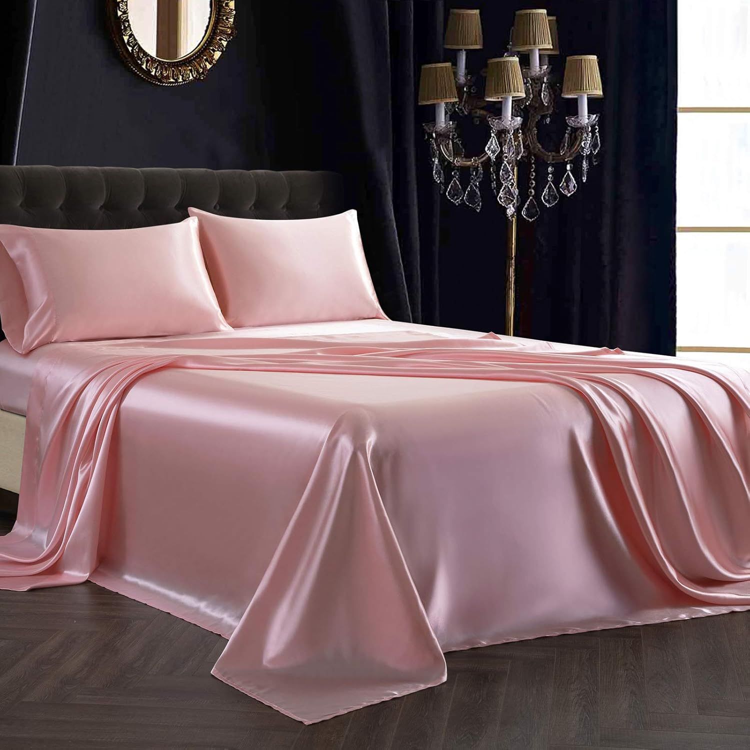 Blush Pink Satin King Sheet Set with Deep Pockets