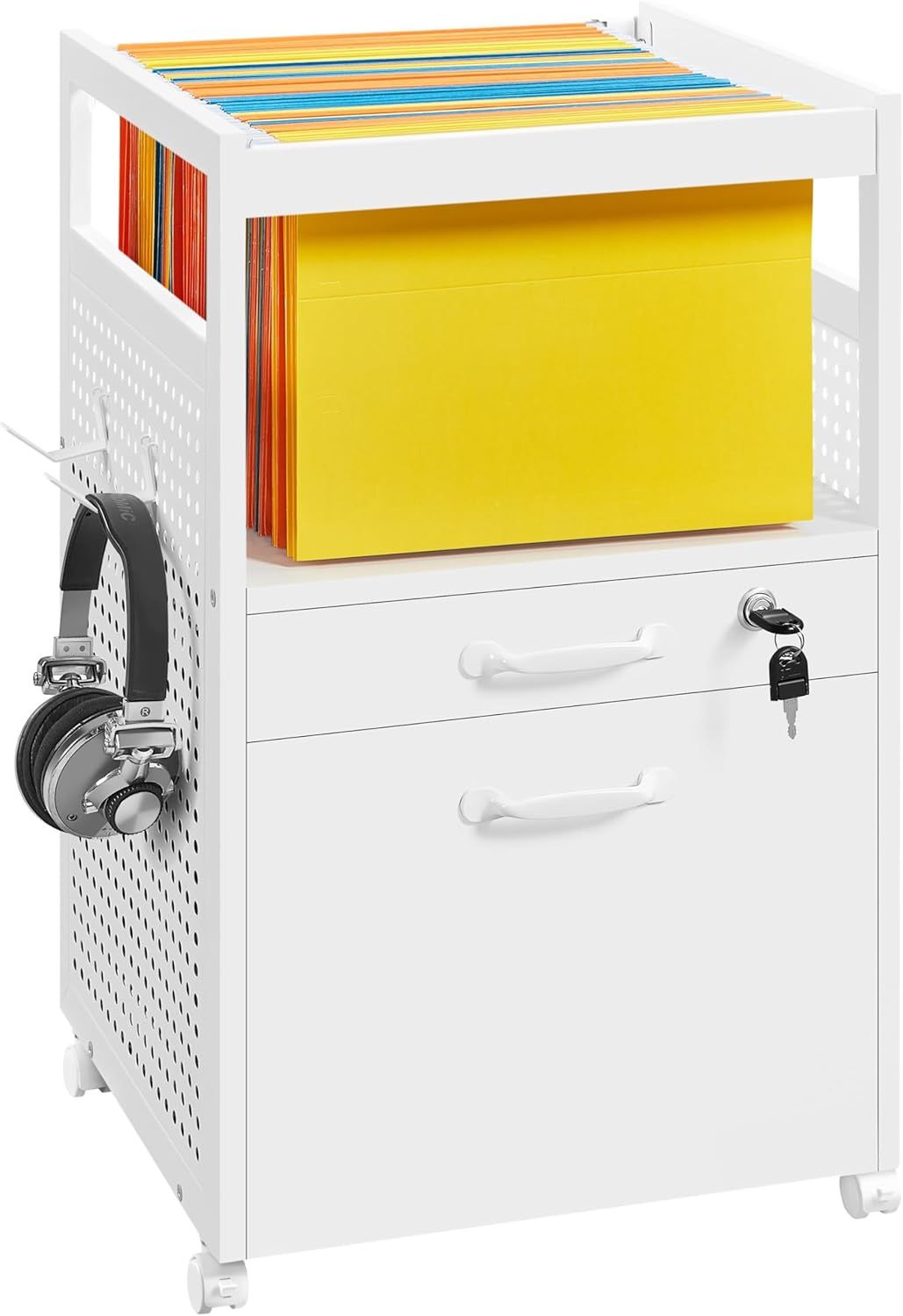 White Mobile Lockable 2-Drawer Filing Cabinet with Open Shelf