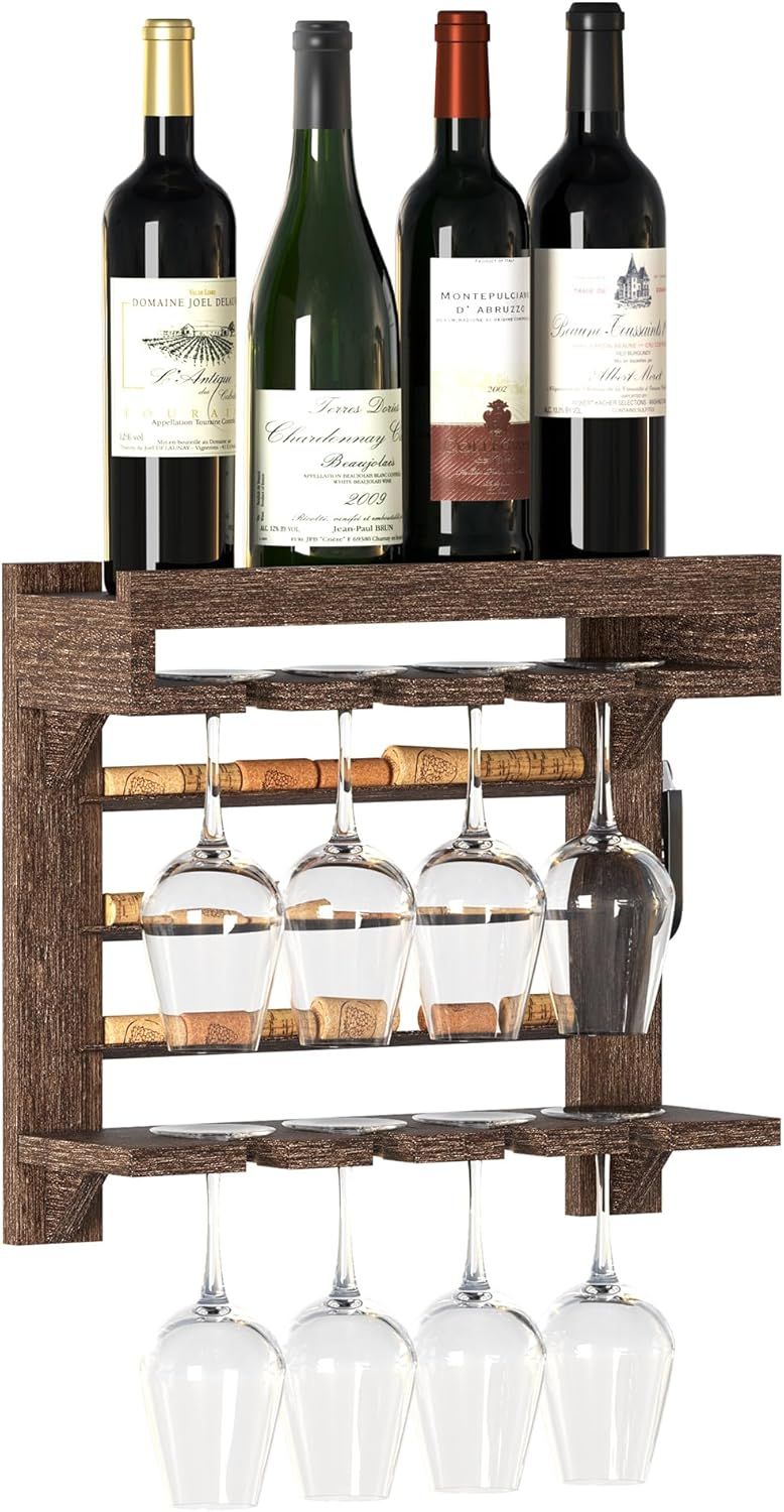 Rustic Dark Wood Wall-Mounted Wine Rack with Stemware Holder