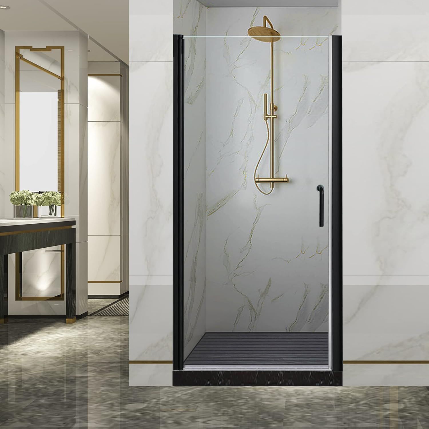 Matte Black Frameless Pivot Shower Door with Clear Glass