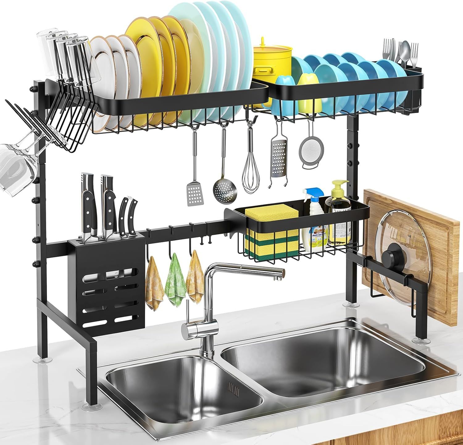 Adjustable Black Metal Over Sink Dish Drying Rack with Utensil Cup