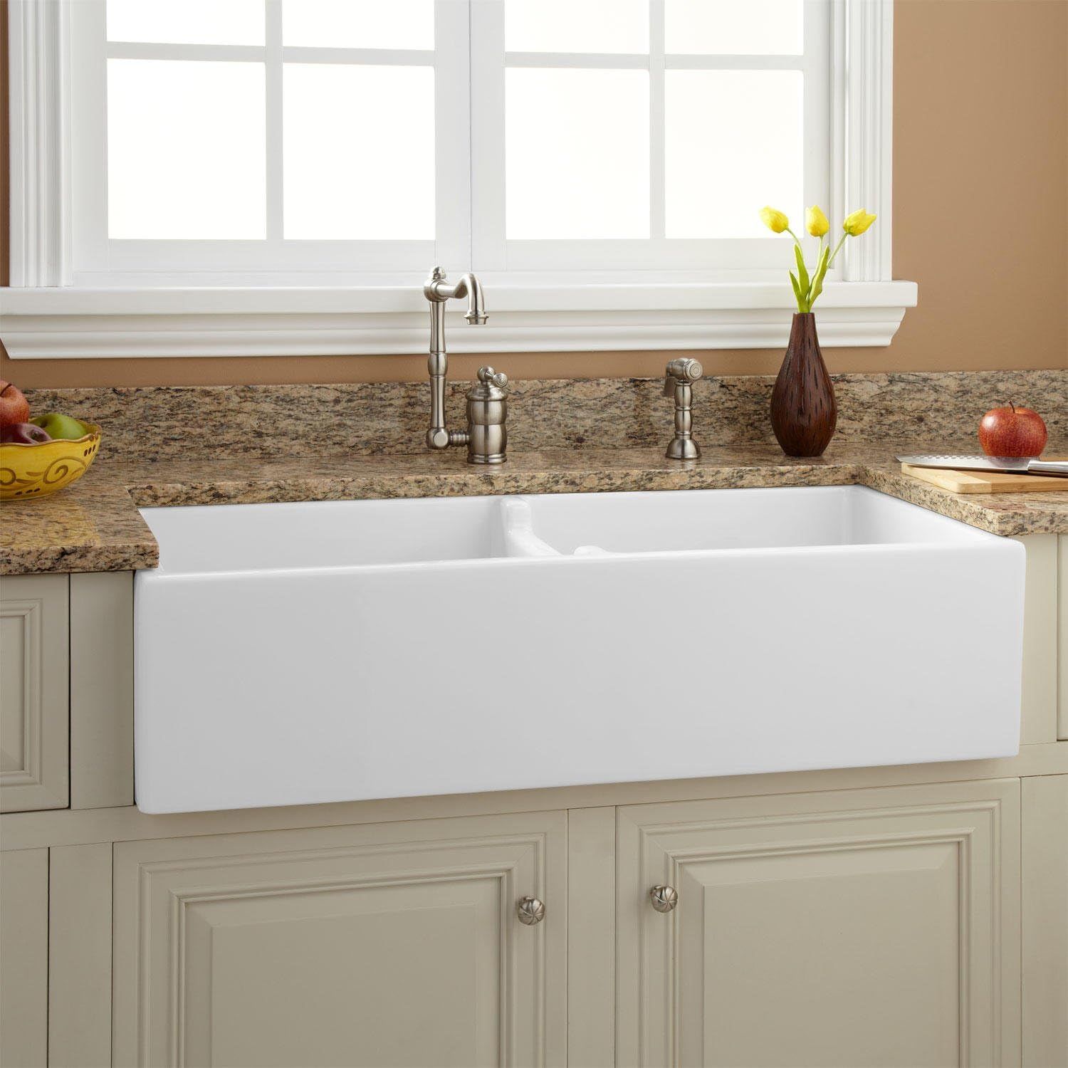 Risinger 39" White Fireclay Double Basin Farmhouse Sink