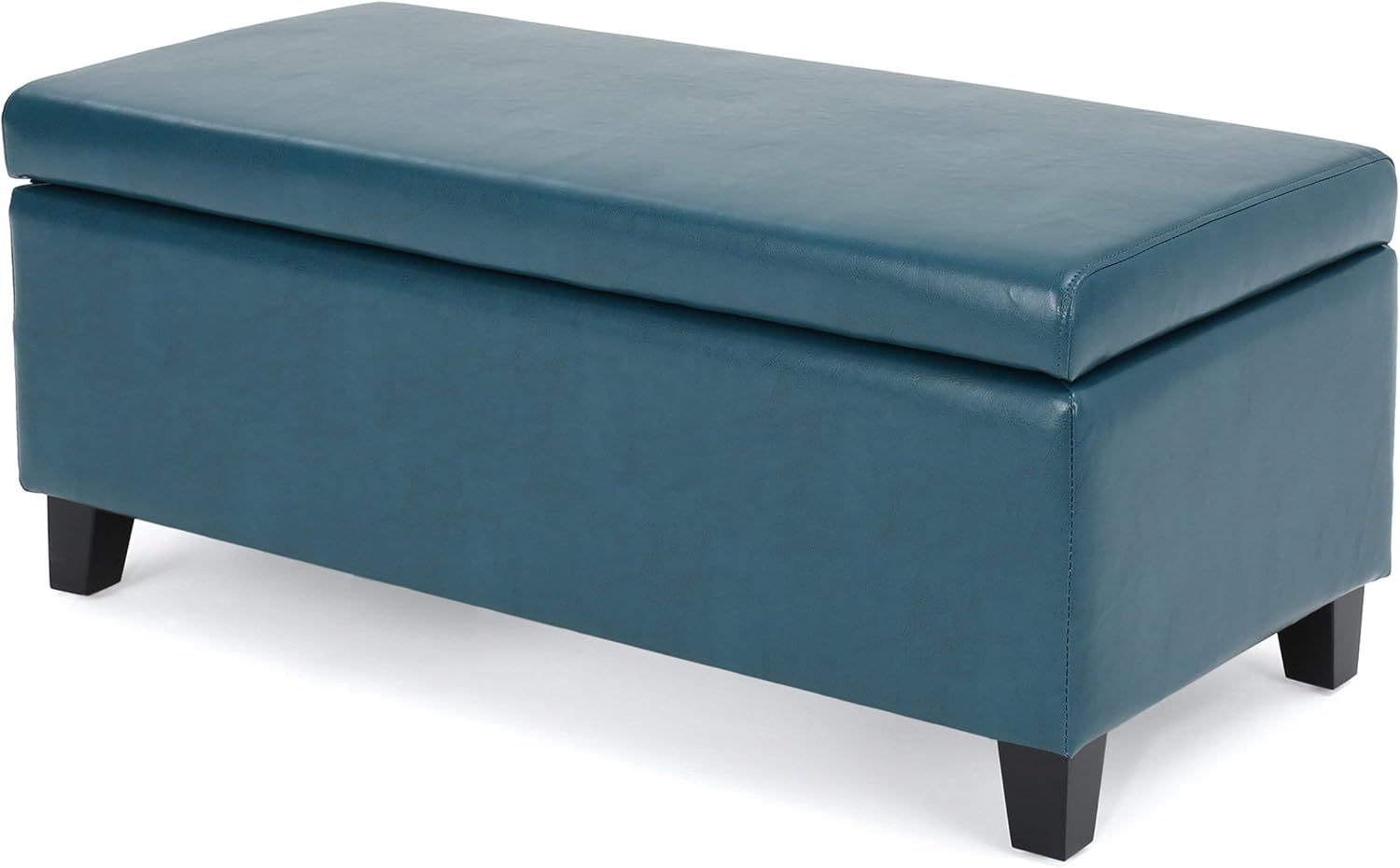 Teal Faux Leather Storage Ottoman with Dark Brown Birch Legs