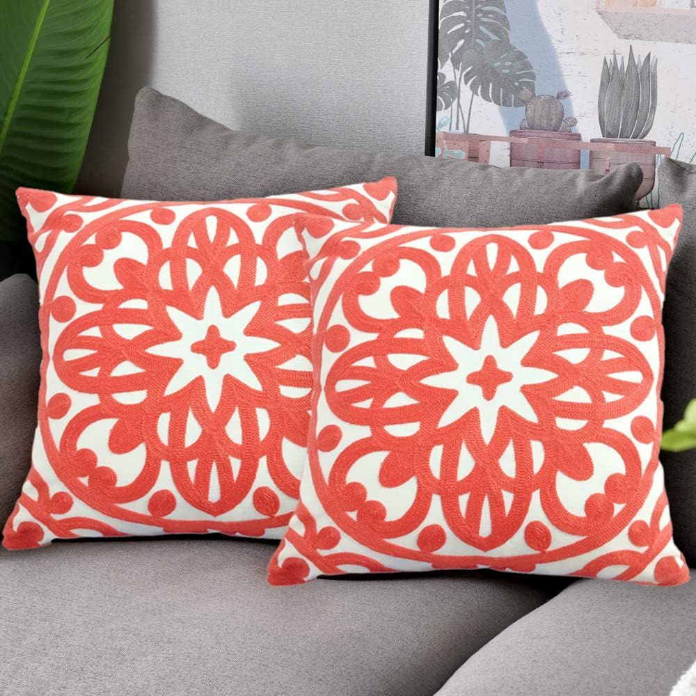 Coral Peach Embroidered Cotton Boho Euro Throw Pillow Covers