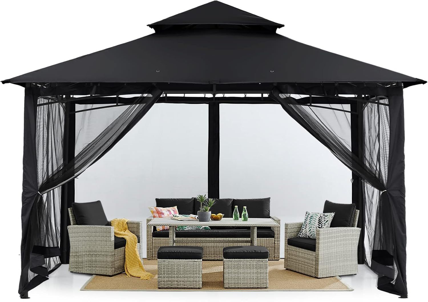 10x10 Black Steel Frame Outdoor Gazebo with Netting Walls