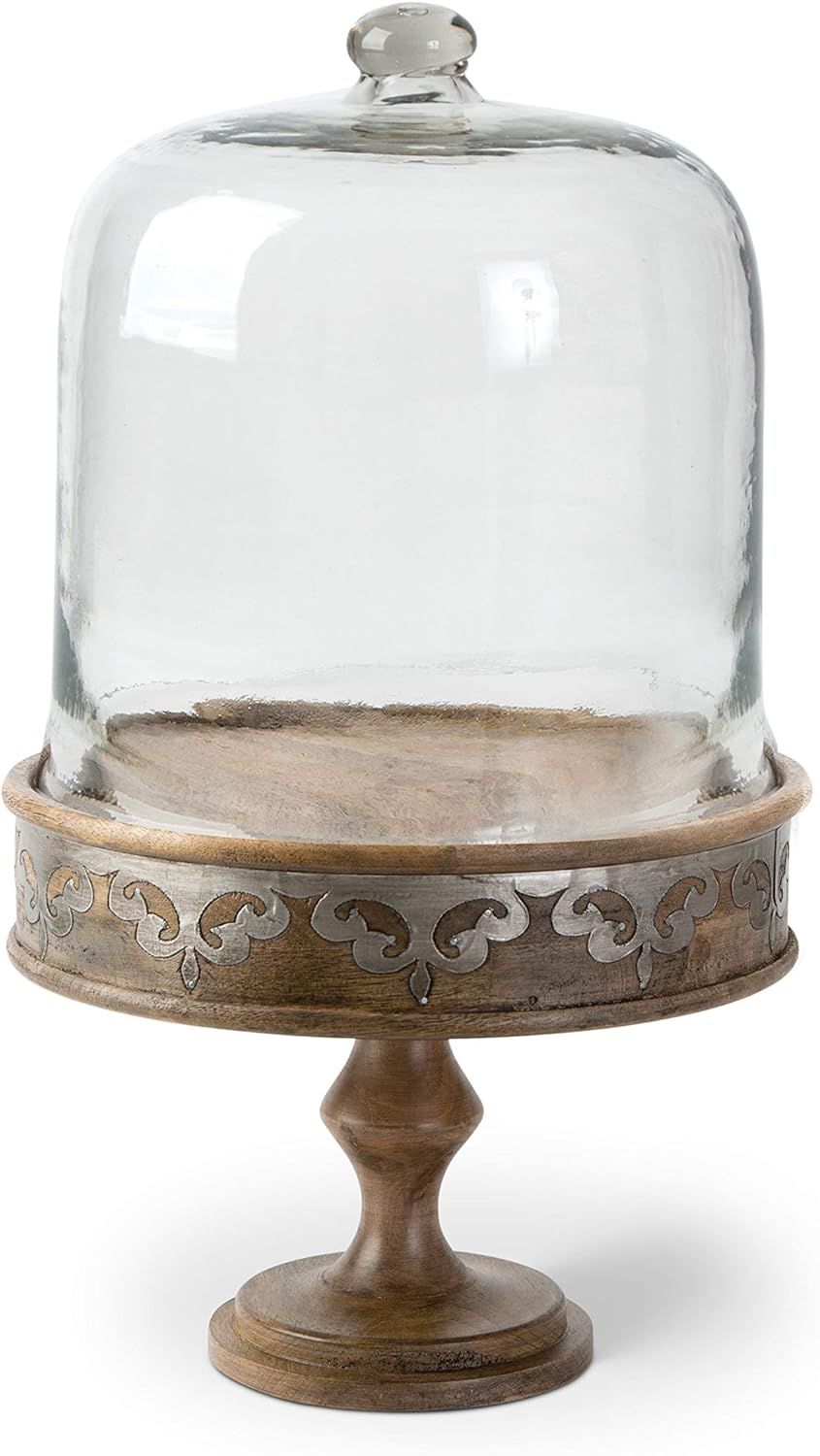 Large Light Brown Wood and Metal Cake Pedestal with Glass Dome