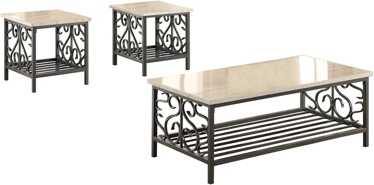 Fairhope Beige Faux Marble and Black Metal 3-Piece Rectangular Table Set