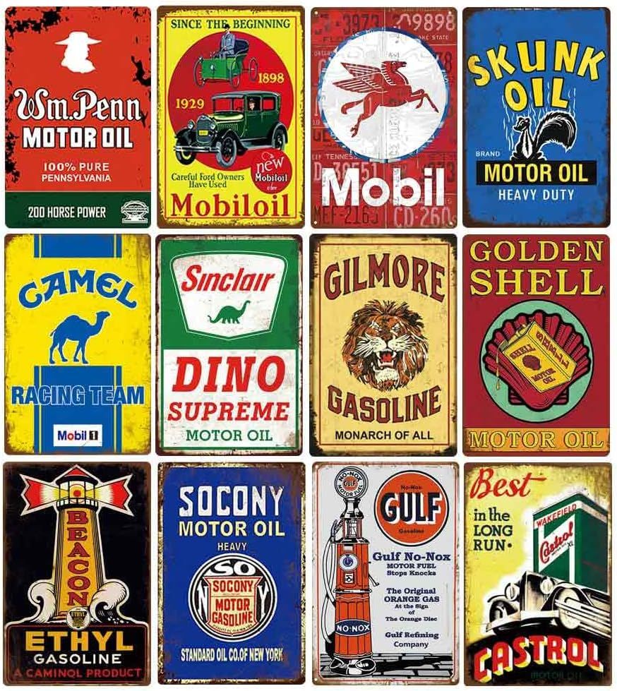 12-Piece Vintage Metal Gas and Oil Garage Wall Signs