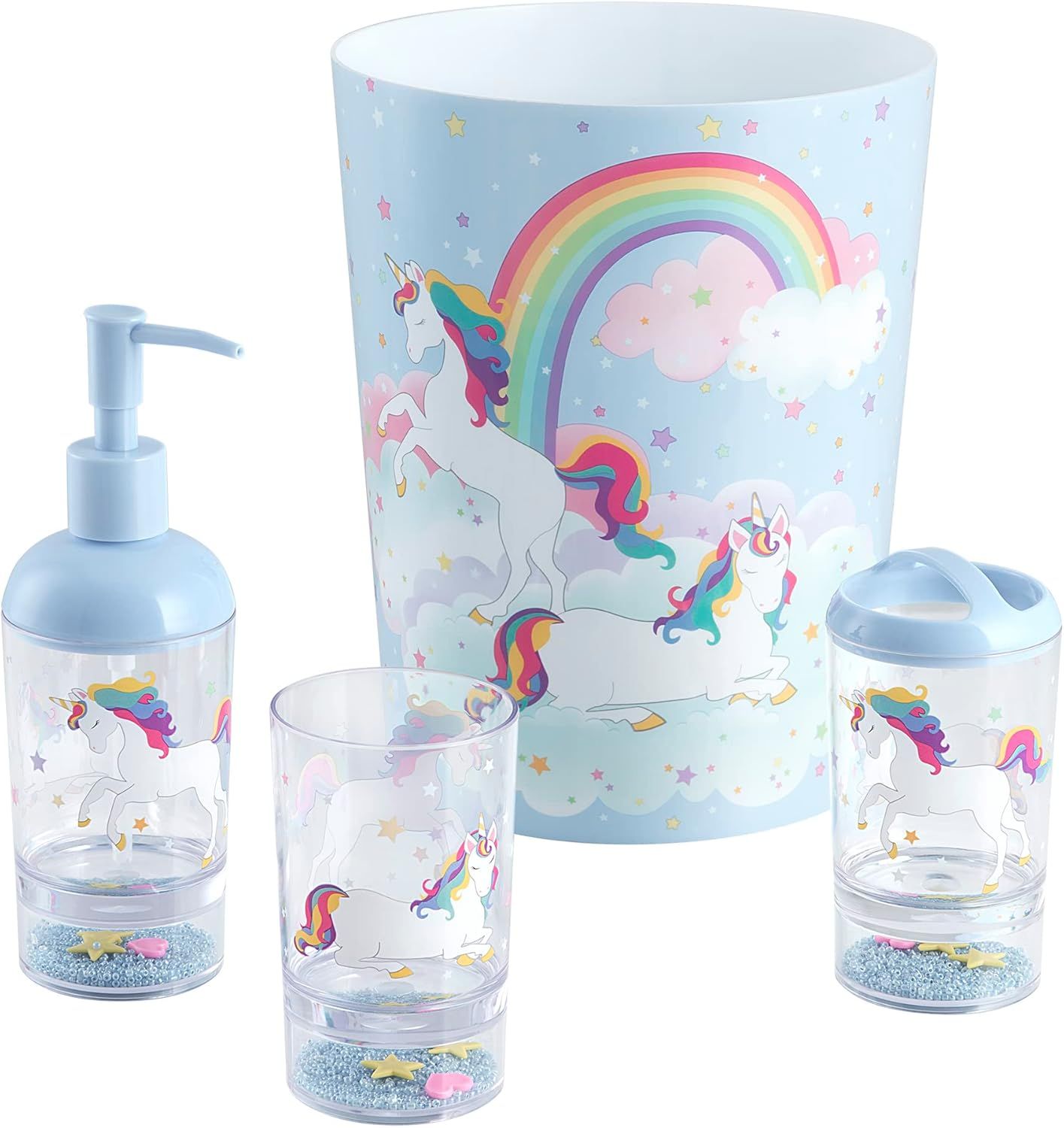 Unicorn & Rainbow Multicolored Plastic 4-Piece Bath Accessory Set