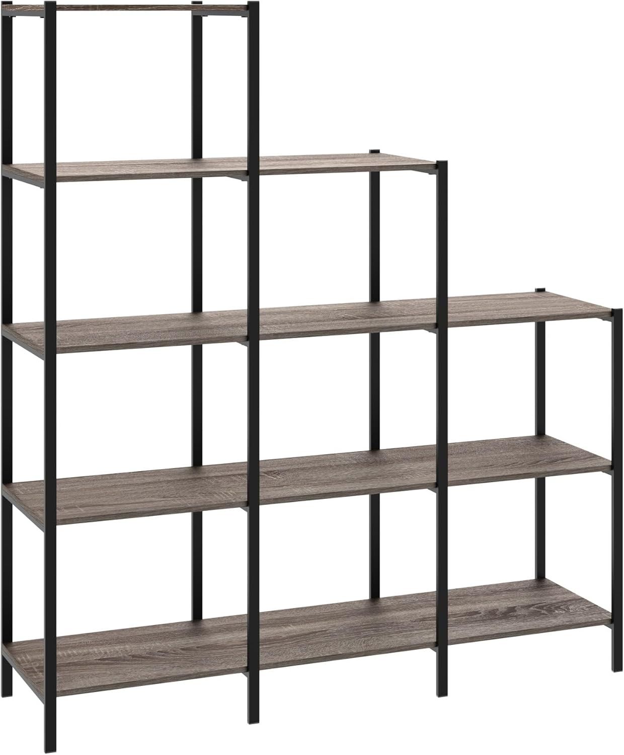 Weathered Gray 5-Tier Ladder Bookcase with Black Metal Frame