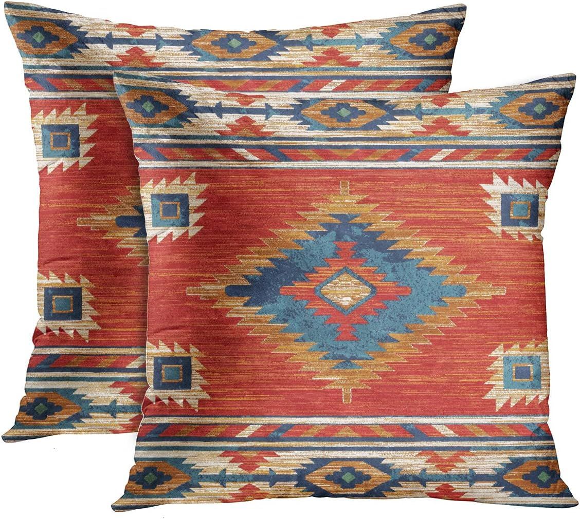 Geometric Red and Blue Polyester Throw Pillow Set