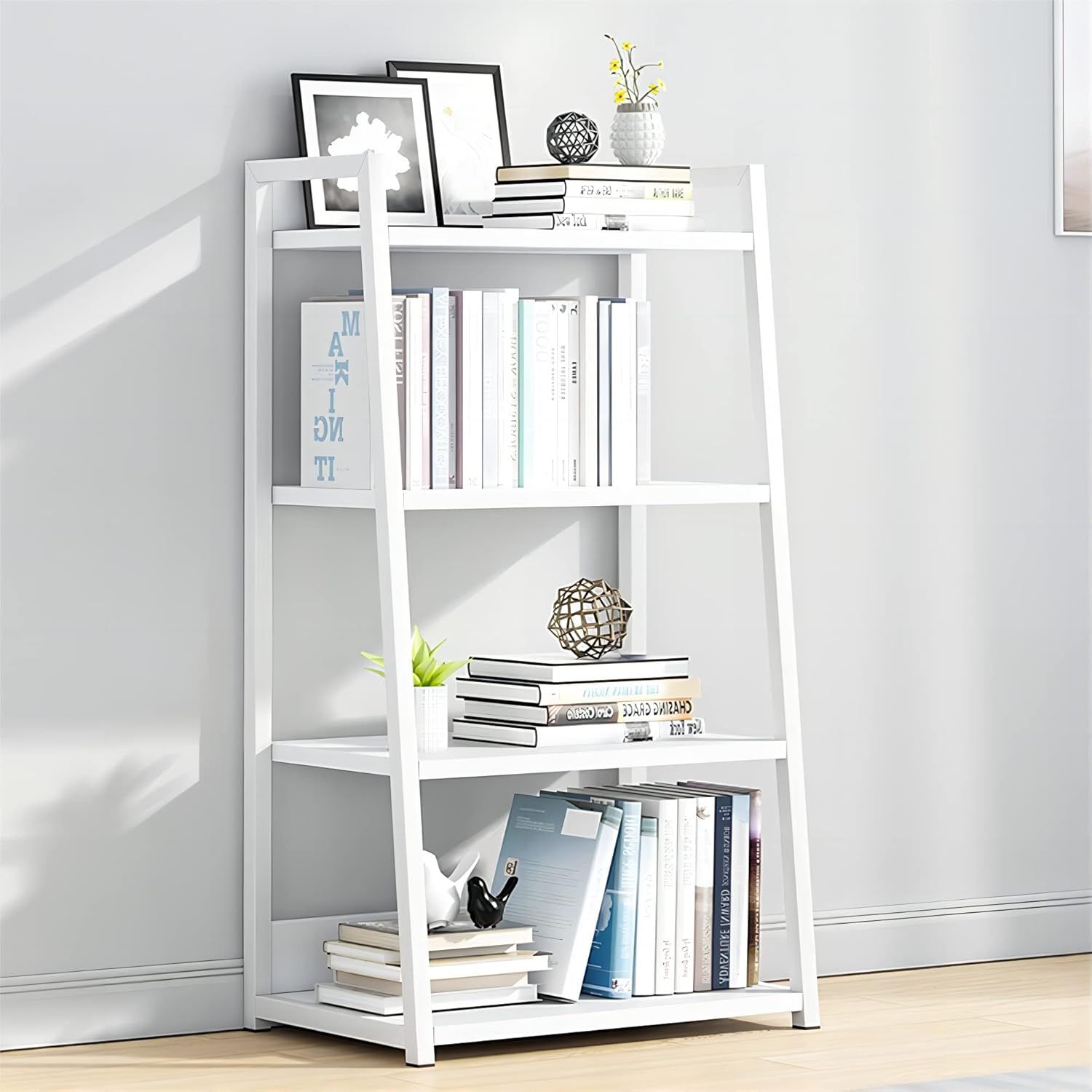 White Modern 4-Tier Ladder Bookshelf with Wood Shelves