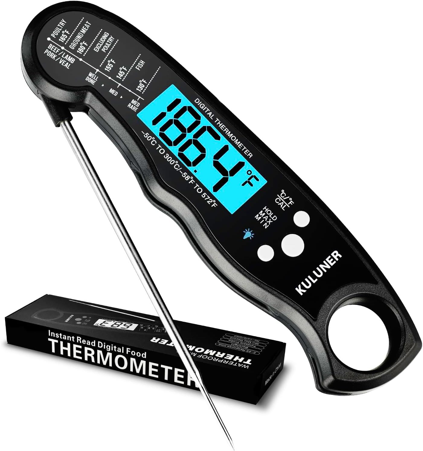 Black Waterproof Digital Instant Read Meat Thermometer with Backlight