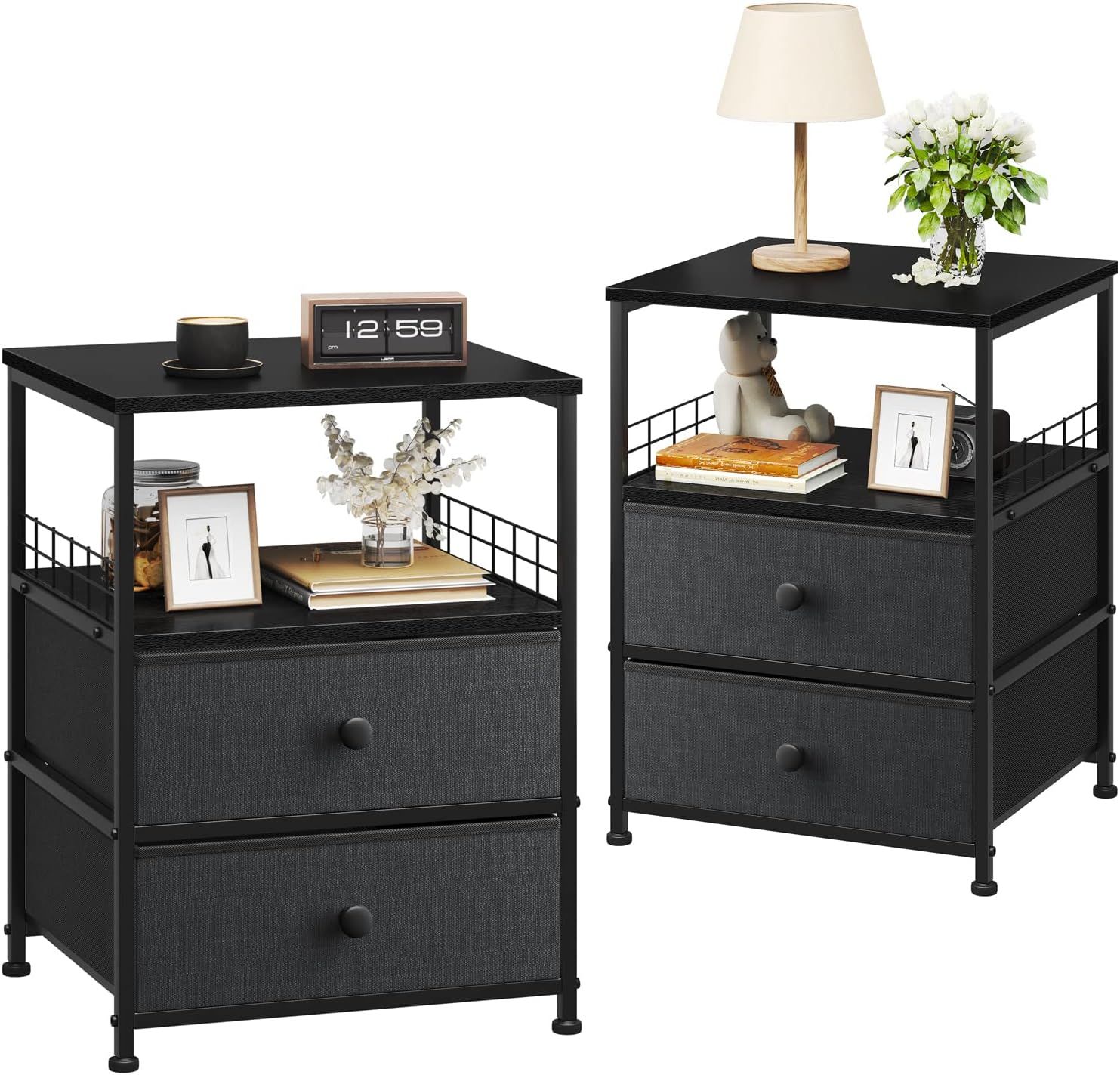 Black and Gray Metal Frame Nightstands with Fabric Drawers