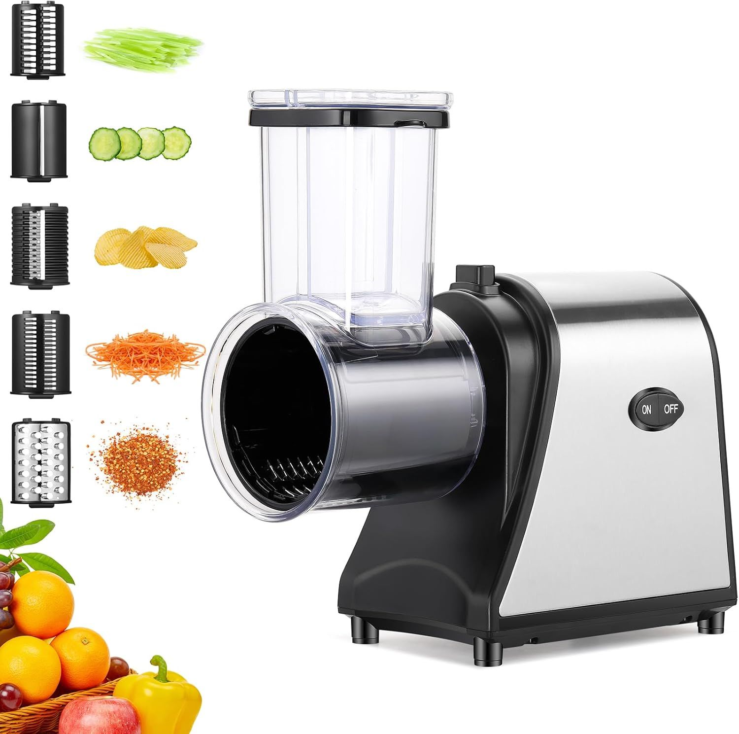 Black Stainless Steel Electric Cheese Grater with 5 Attachments