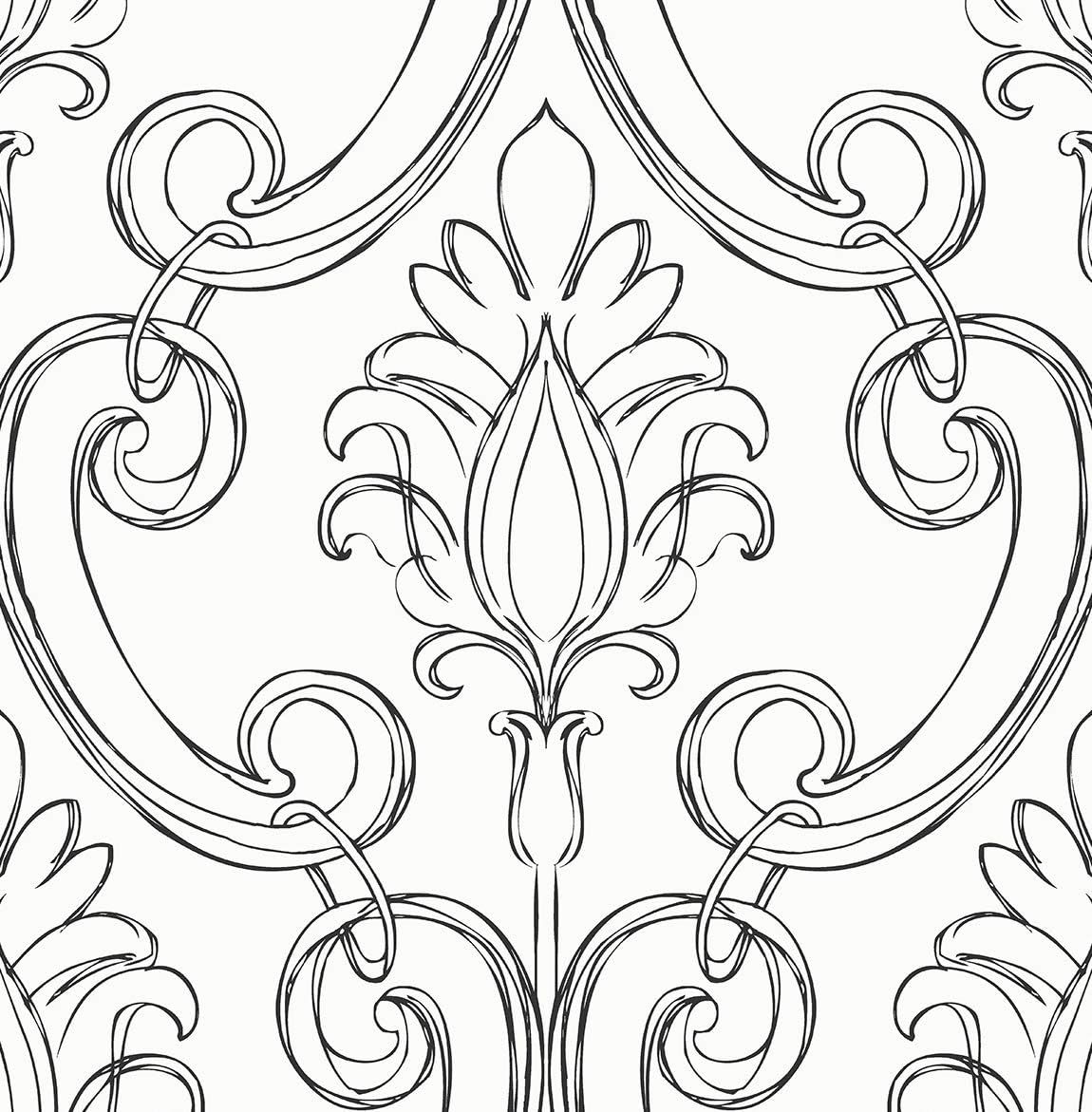 Ebony and White Damask Peel and Stick Wallpaper