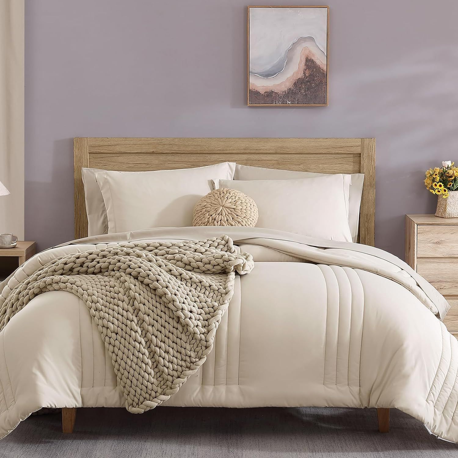 Monbix King Size Comforter Set - 7 Pieces Bed in a Bag King, Apricot Beige Bedding Sets with Comforter, All Seasons Down Alternative Comforter Bed Set with Sheets, Pillowcases & Shams