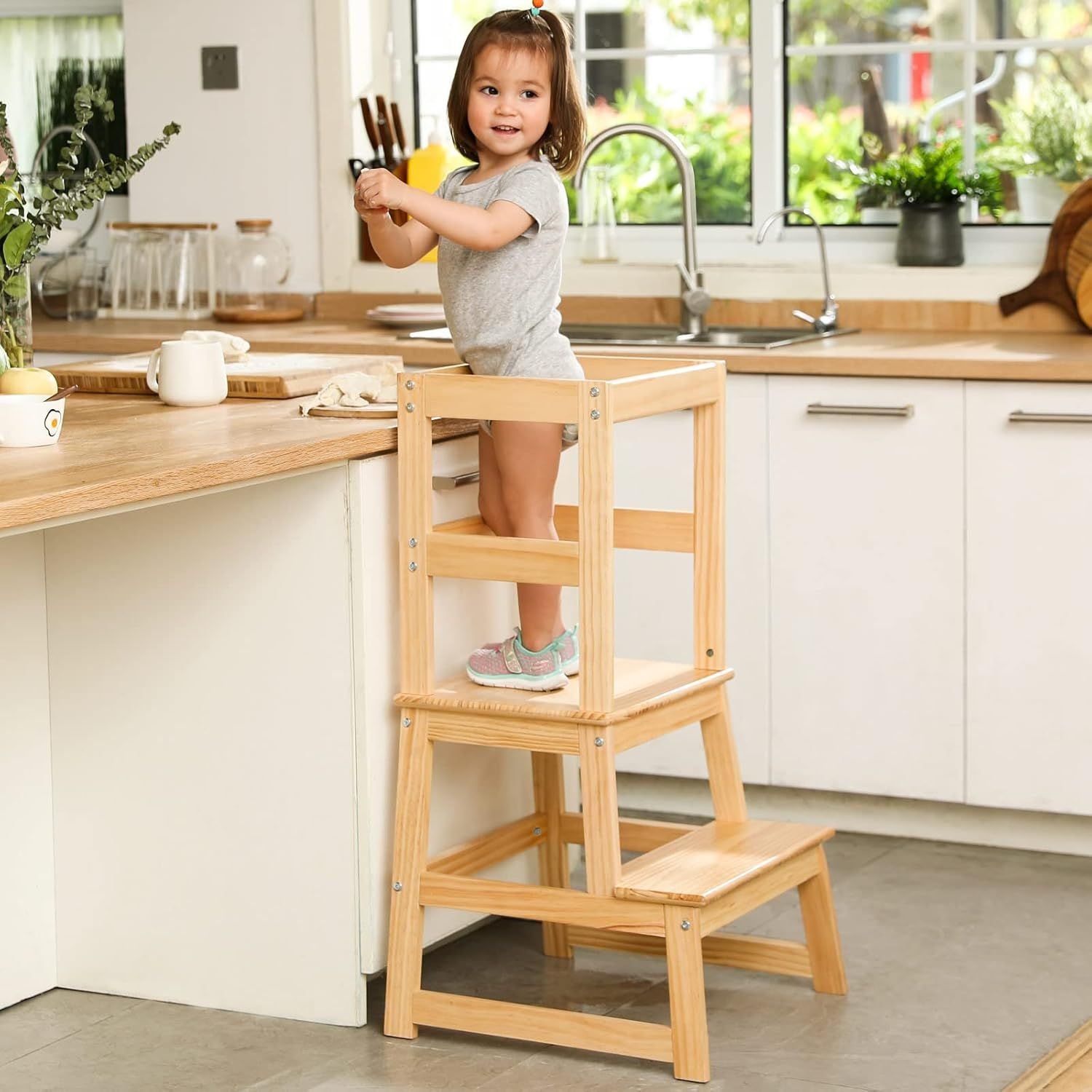 Natural Solid Wood Toddler Kitchen Step Stool with Safety Rail