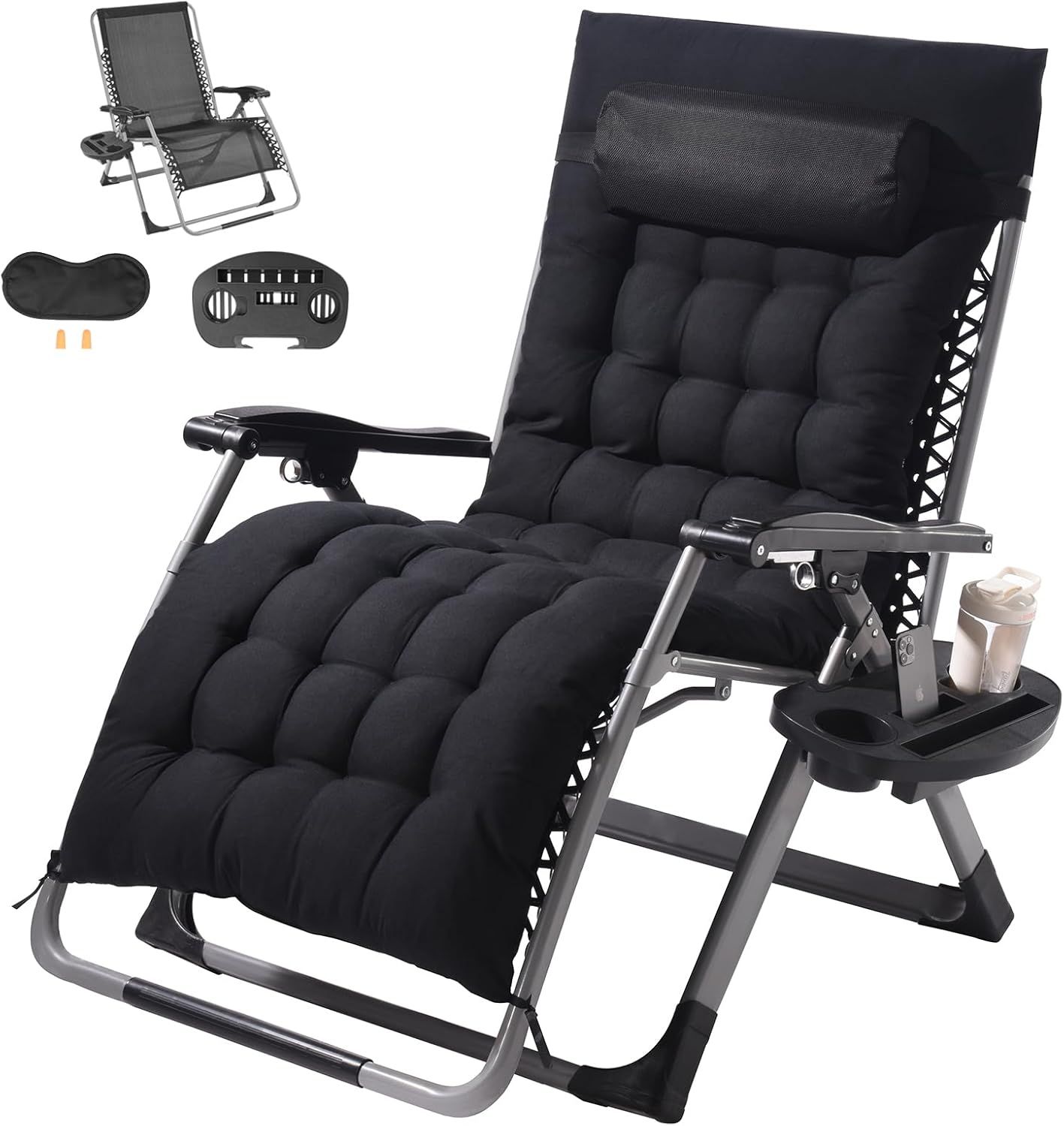 Black Cushioned Zero Gravity Recliner Lounger with Tray