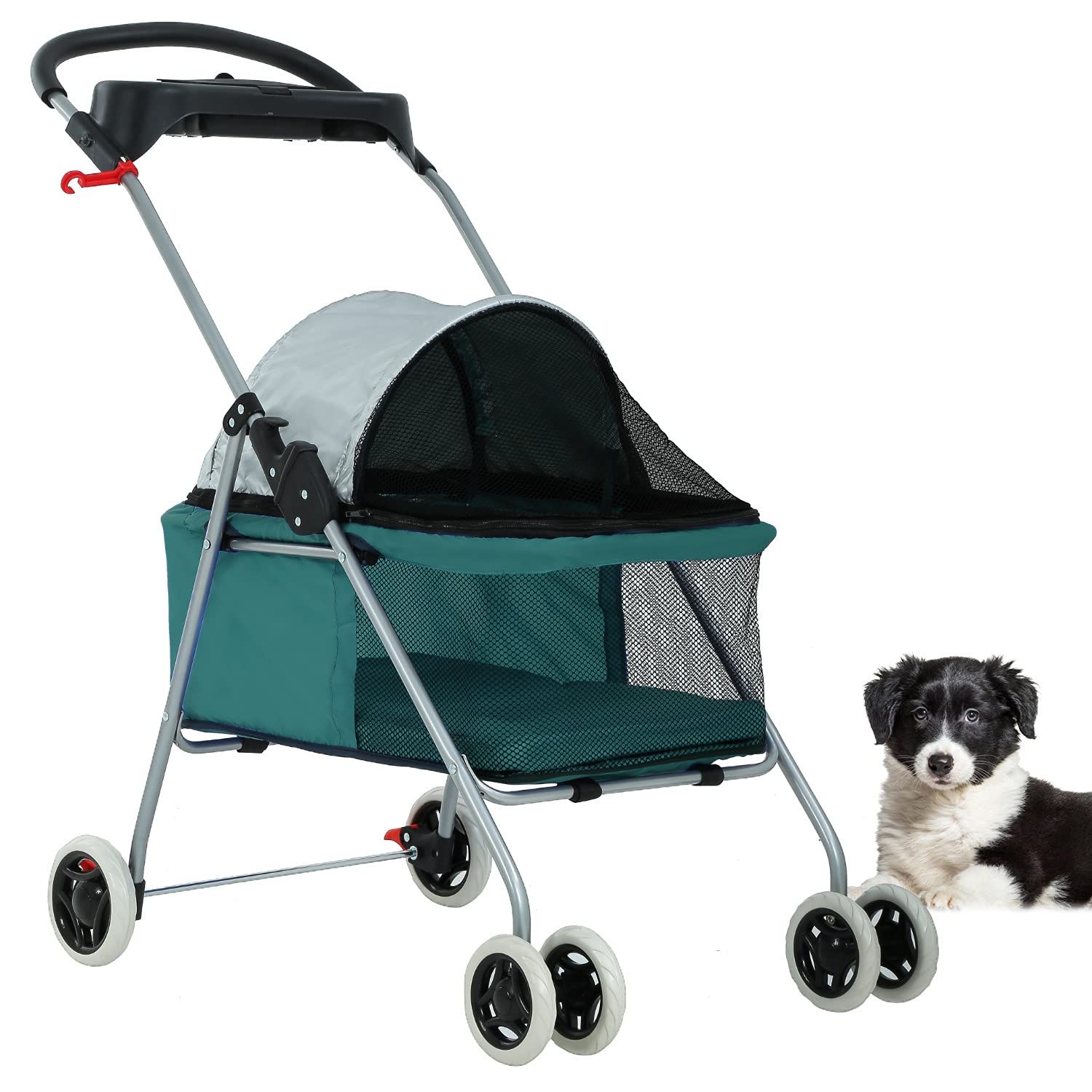 Teal Foldable Pet Stroller with Mesh Windows and Cup Holder