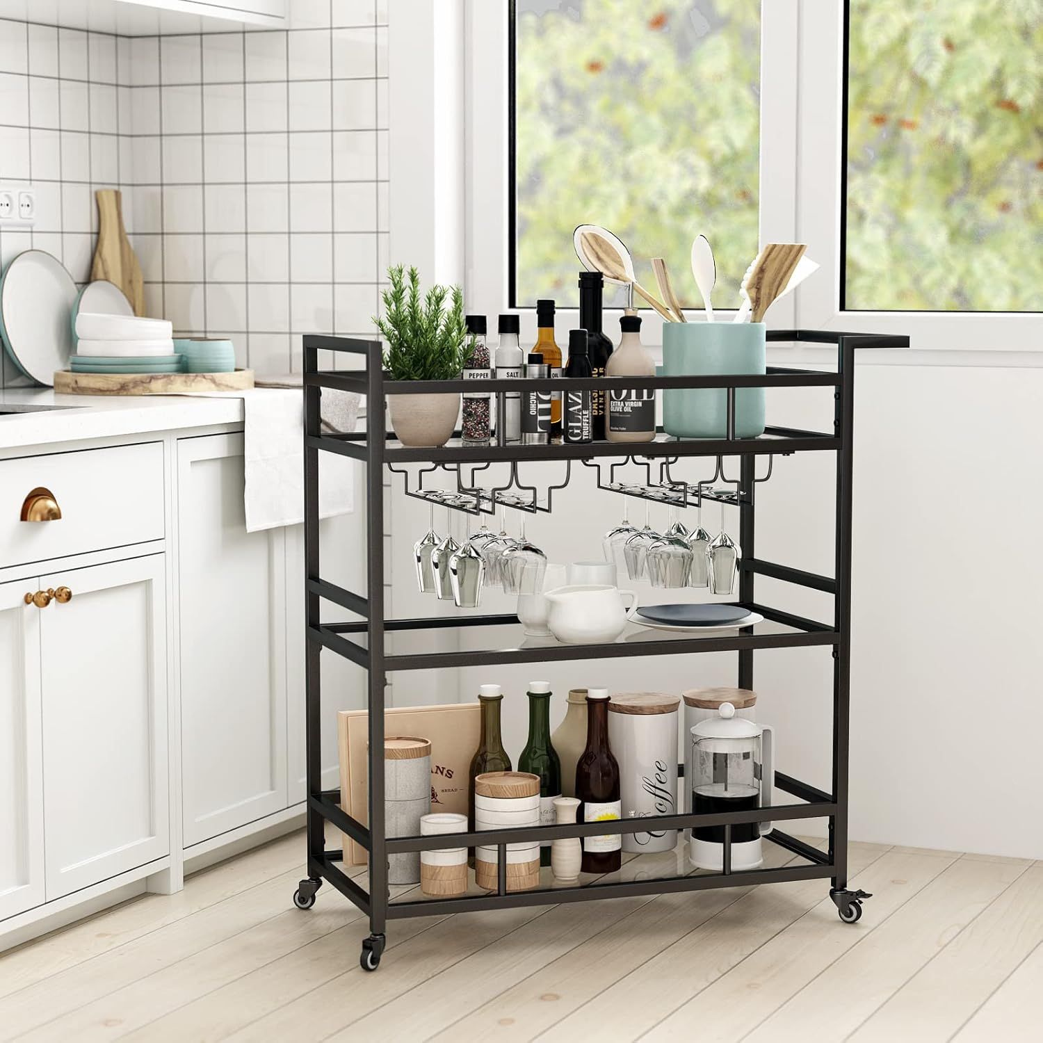 Black Metal 3-Tier Bar Cart with Glass Shelves and Wine Rack