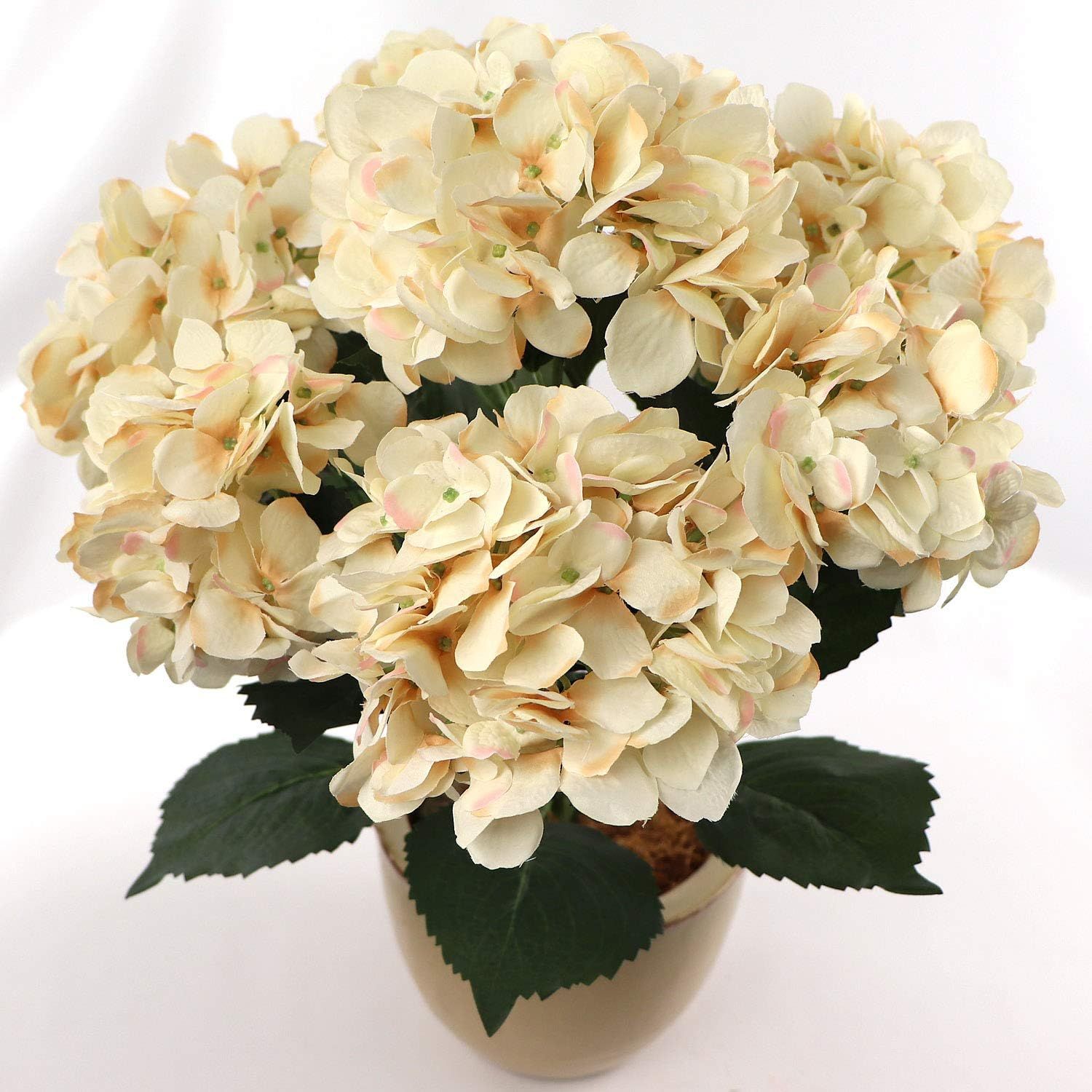 Beige Silk Hydrangea Bush with Adjustable Stems and Green Leaves