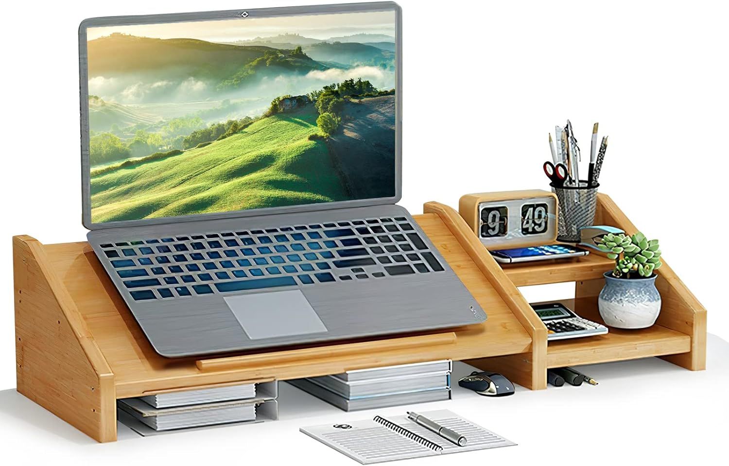 Adjustable Bamboo Laptop and Monitor Stand with Storage Shelves