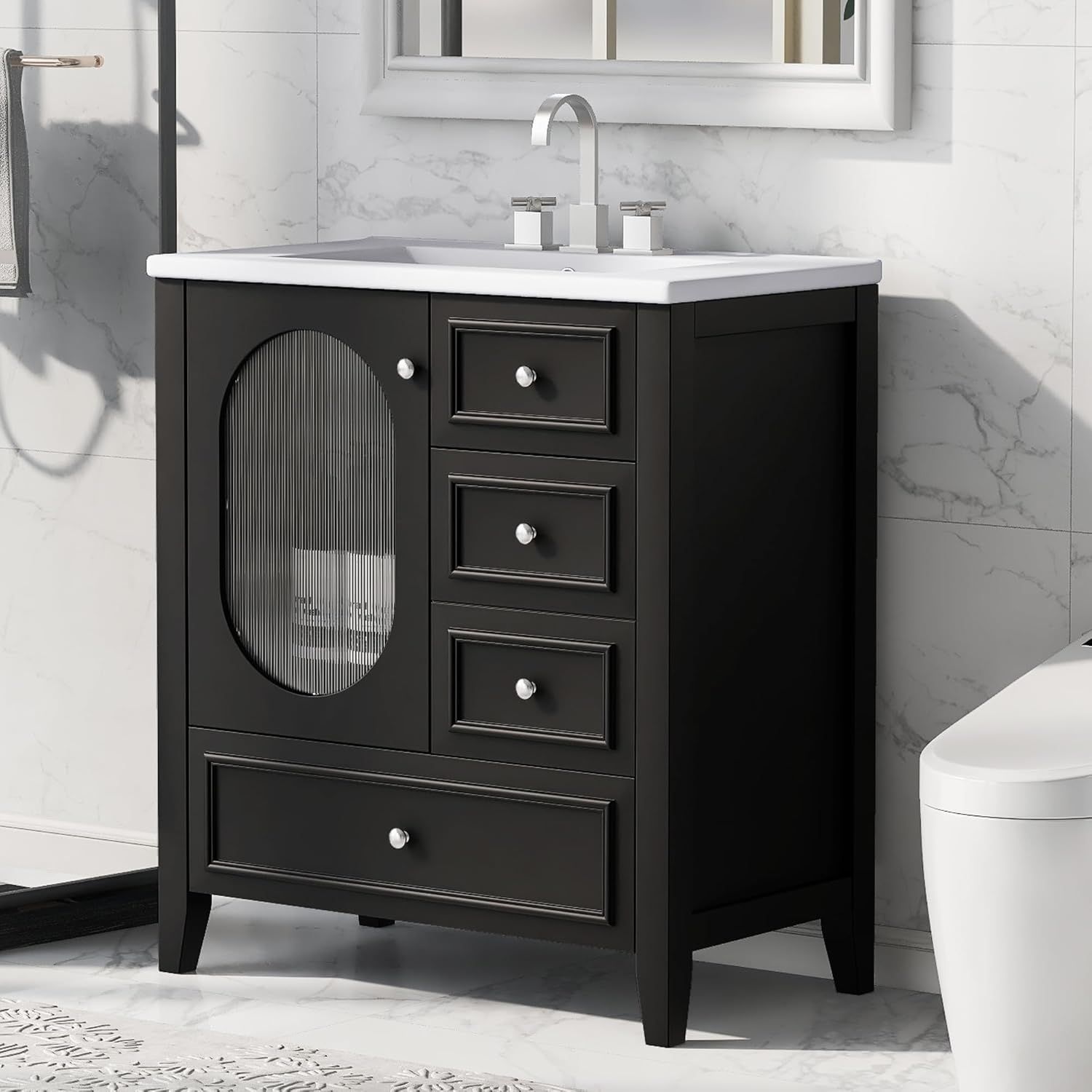 Black 30" Freestanding Bathroom Vanity with Ceramic Sink and Glass Door