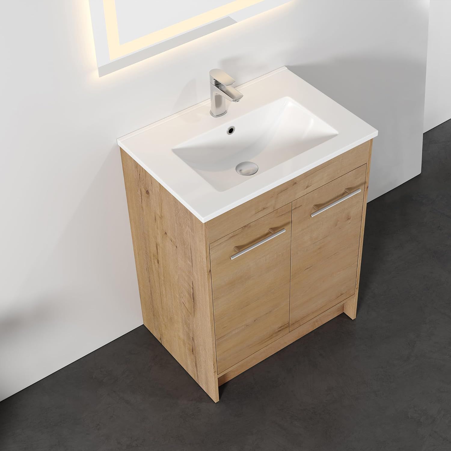 Natural Oak Freestanding Bathroom Vanity with Ceramic Sink, 24 Inch