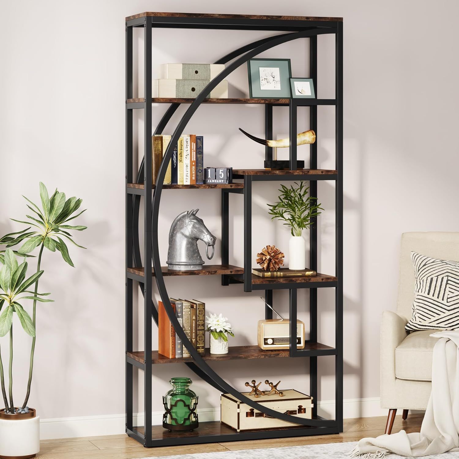 Industrial Rustic Brown 5-Tier Geometric Bookshelf with Black Metal Frame