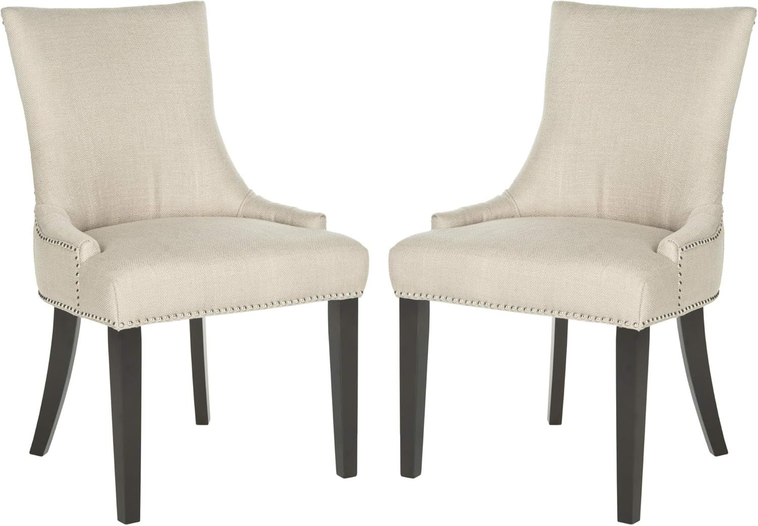 Ivory Linen Upholstered Parsons Side Chair with Gold Nailhead Trim