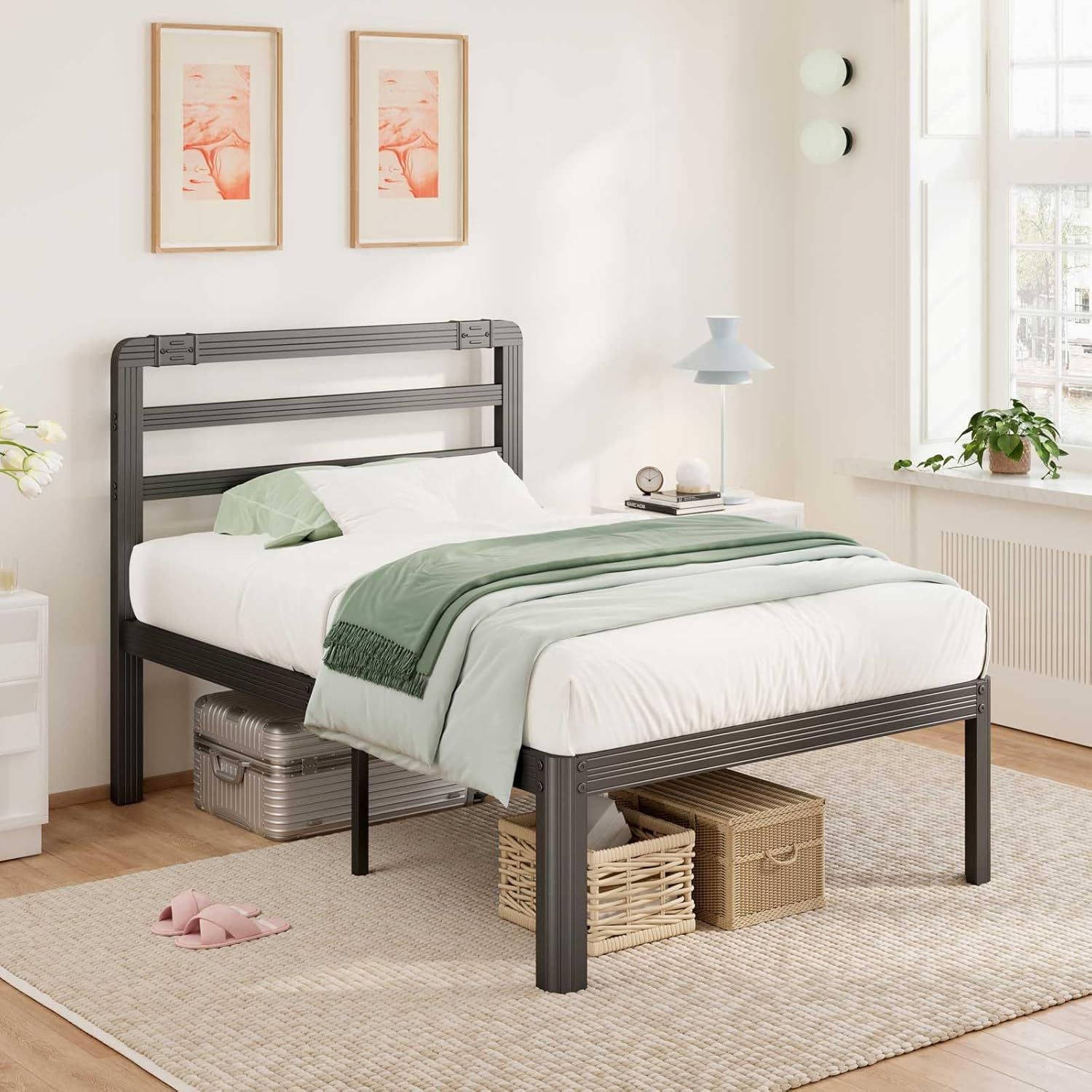 Black Twin Metal Bed Frame with Headboard