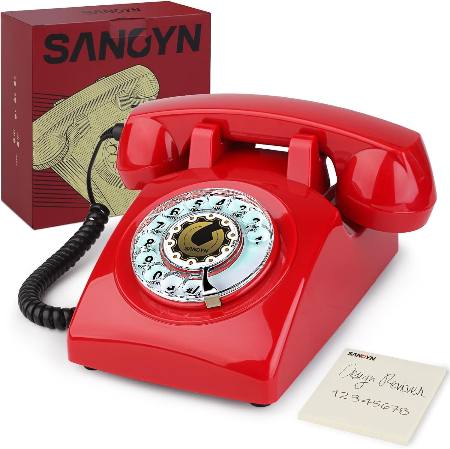 Retro Red Rotary Dial Corded Telephone with Mechanical Ringer