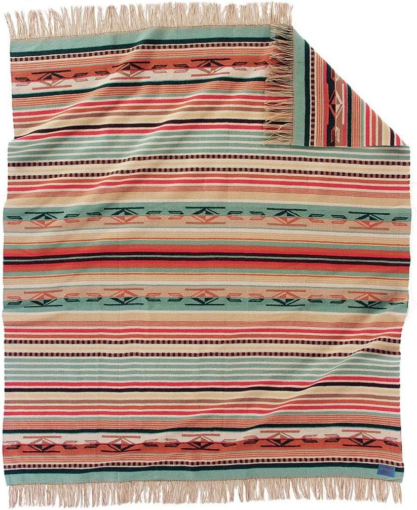 Coral and Aqua Stripe Wool Throw Blanket with Fringe