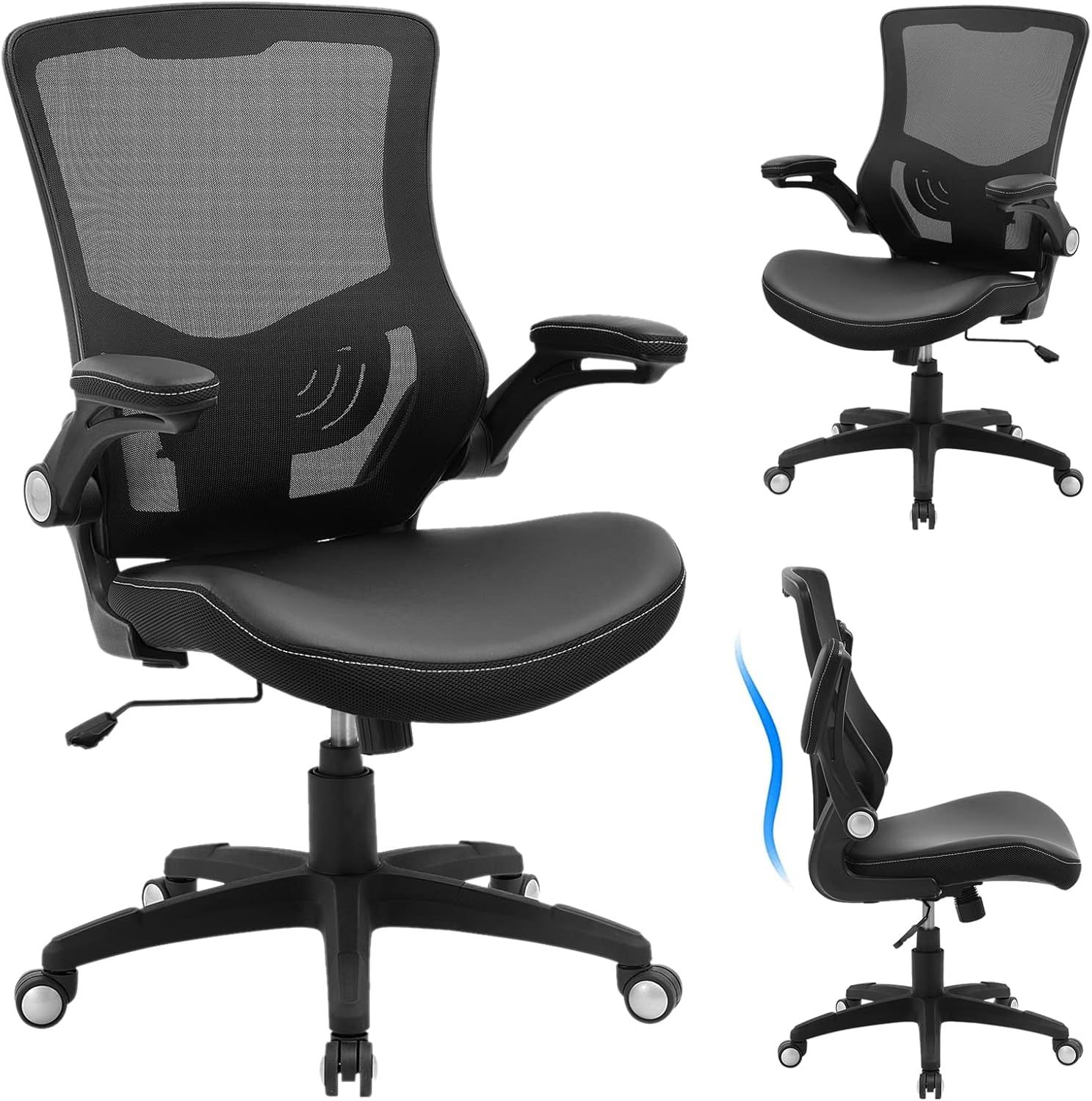 Black Ergonomic Mesh and Leather Executive Swivel Chair with Adjustable Arms