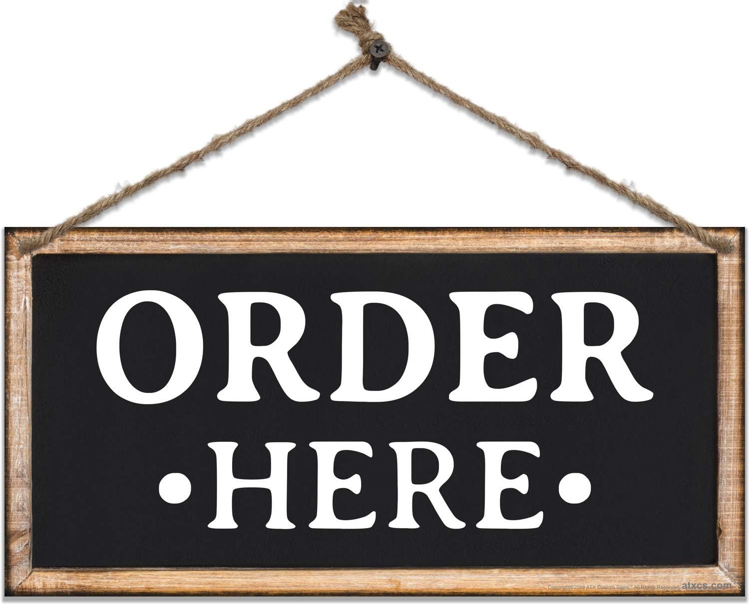 Black and White Rectangular Metal Order Here Sign with Jute String