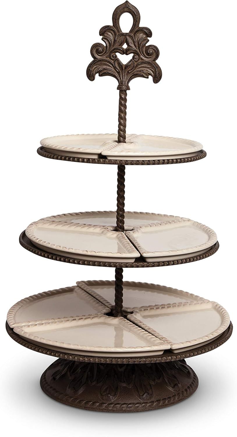 Dark Brown Ceramic 3-Tiered Round Server with Metal Base