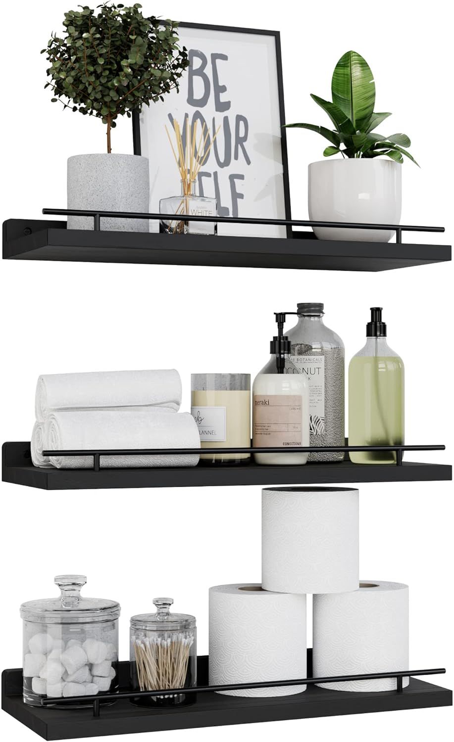 Black Wood Floating Shelves with Metal Guardrail, Set of 3