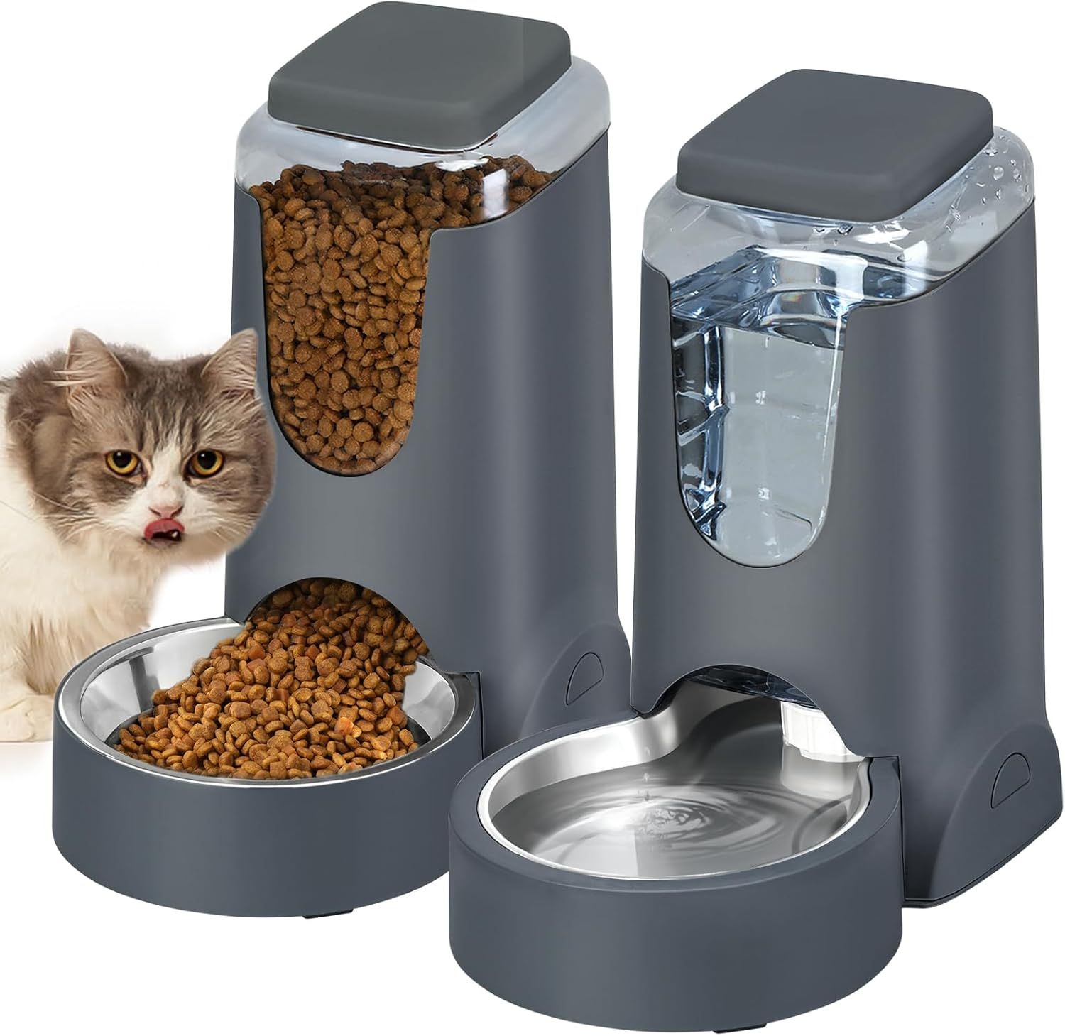 Automatic Gray Pet Feeder and Water Dispenser with Stainless Steel Bowls