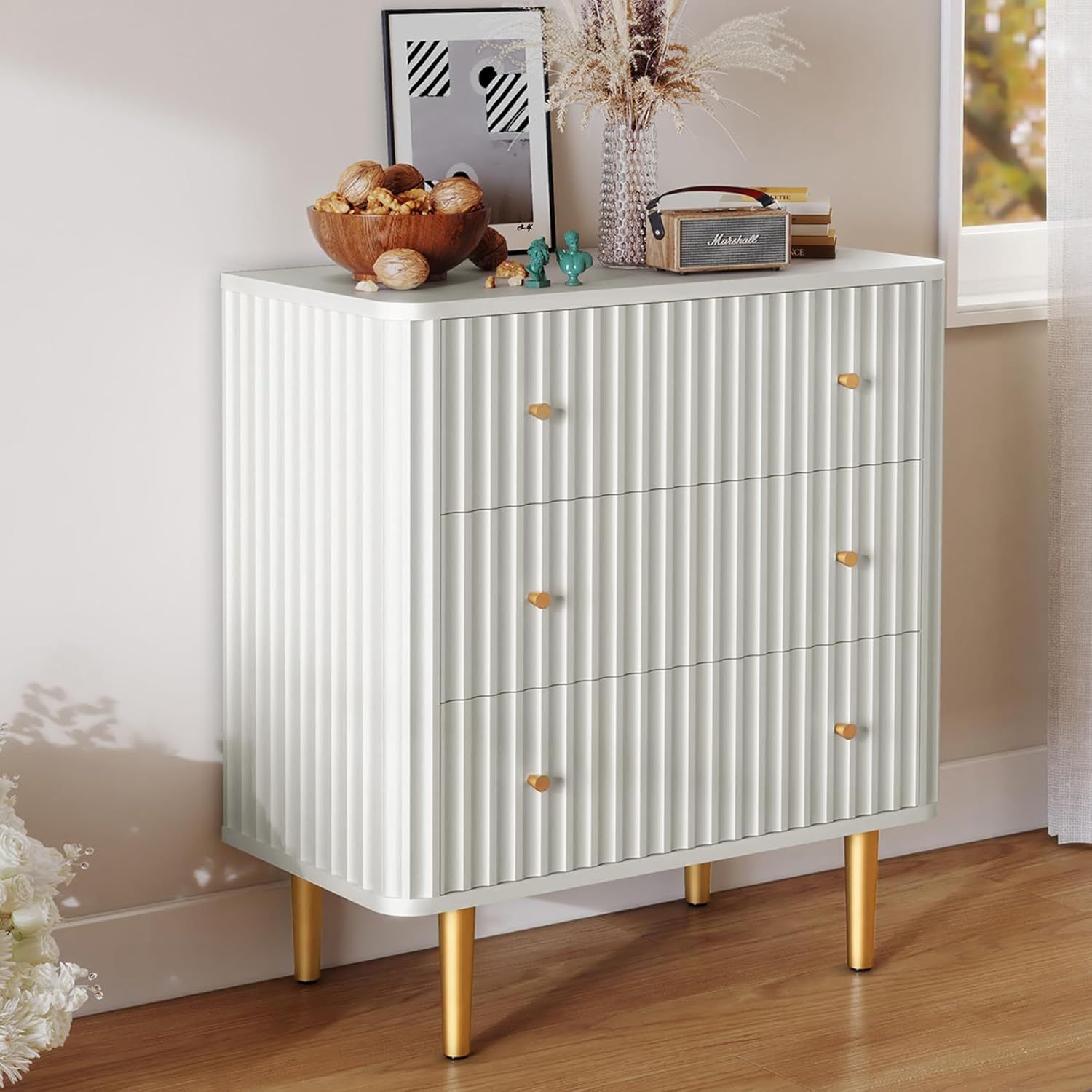 White Fluted 3-Drawer MDF Dresser with Gold Accents